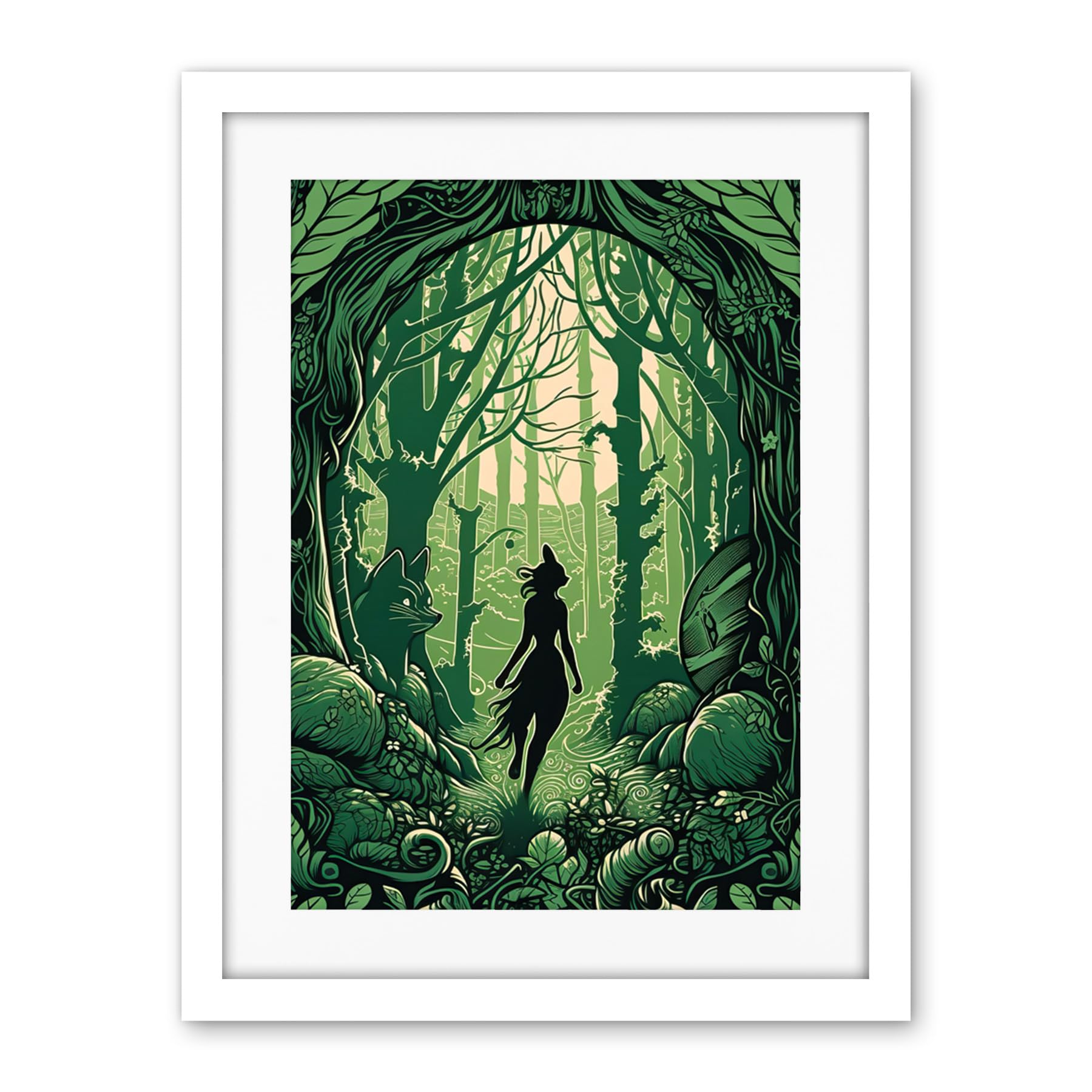 Artery8 Anthropomorphic Fox Silhouette Forest Art Nouveau Artwork Framed Wall Art Print 18X24 Inch