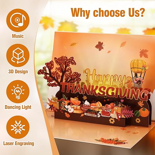 Miniatura 10 de D4DREAM Tarjeta desplegable de pavo de Acción de Gracias para niños, tarjetas de felicitación 3D de Acción de Gracias, tarjetas de felicitación de
