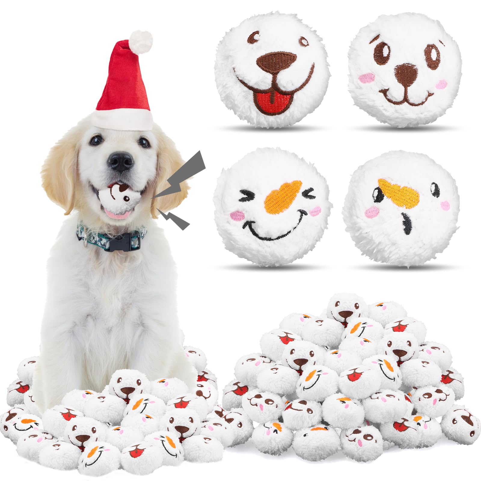 60 Pcs Christmas Dog Toys Squeaky Plush Balls Soft Puppy Snowball with Dog Snowman Smile Christmas Pet Squeaker