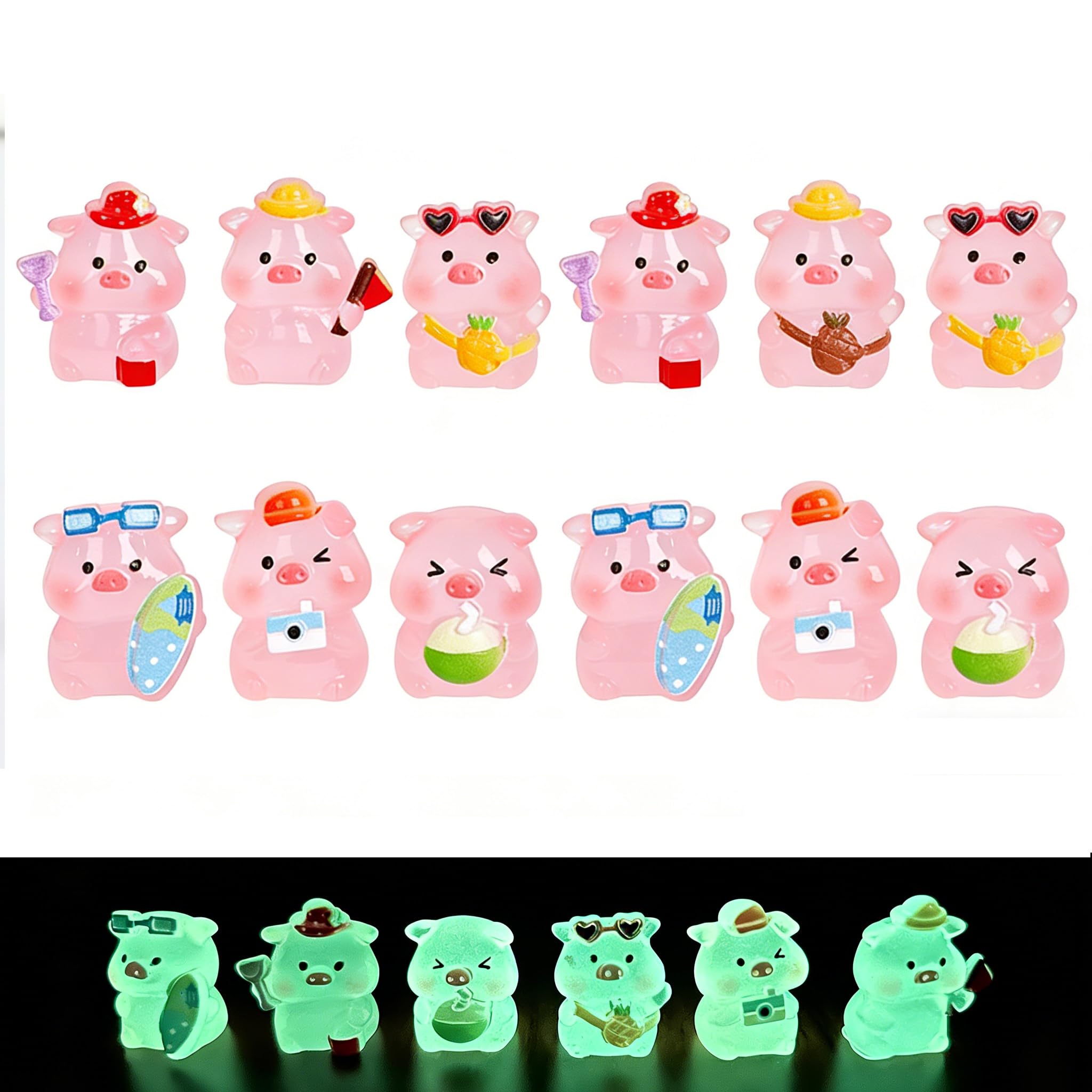 SINJAETRQ 12 Pcs Mini Pig Figurines Tiny Resin Luminous Animals Mini Resin Figures Little Plastic Animals Miniature Animal for Garden Aquarium Tabletop Dollhouse Landscape Birthday Party Decor DIY
