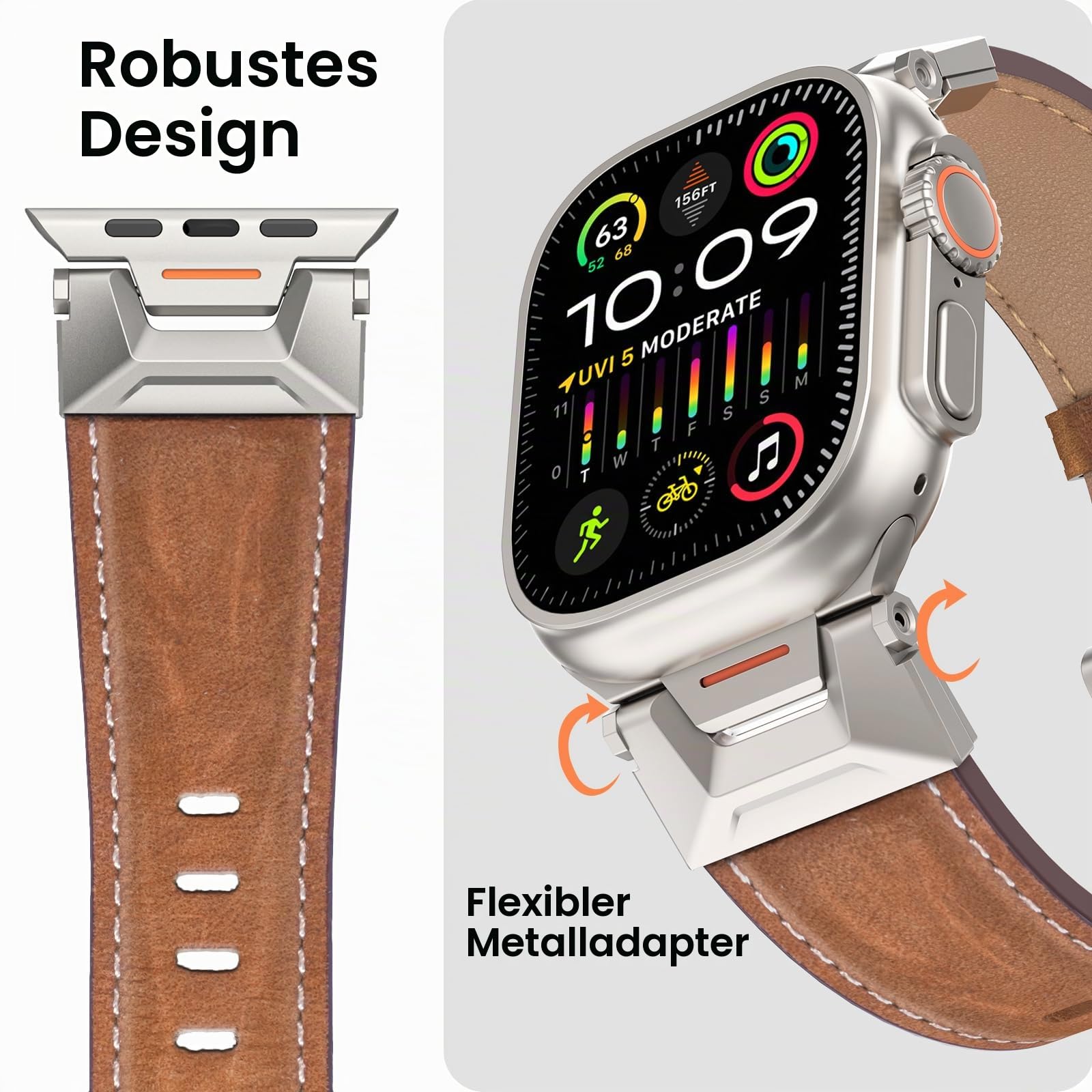 Lederarmband kompatibel für Apple Watch Ultra 3 Armband 49mm 46mm 45mm 44mm 42mm, Top Grain Echtes Leder Band mit Metallverbinder für iWatch Ultra 2/1 Series 11 10 9 8 7 6 5 4 3 SE