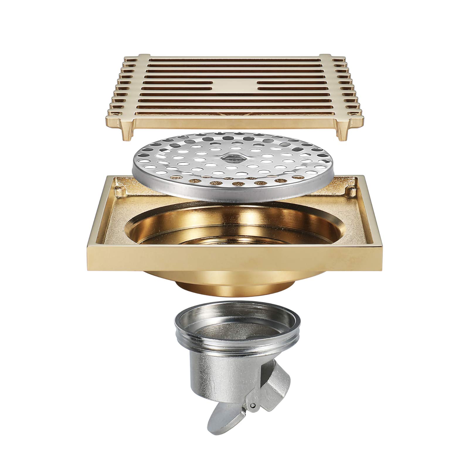 Scarico per Doccia Color Oro Champagne, Scarico per Doccia in Ottone, Scarico per Doccia Quadrato a Grande Portata con griglia di Copertura Rimovibile per WC da Bagno