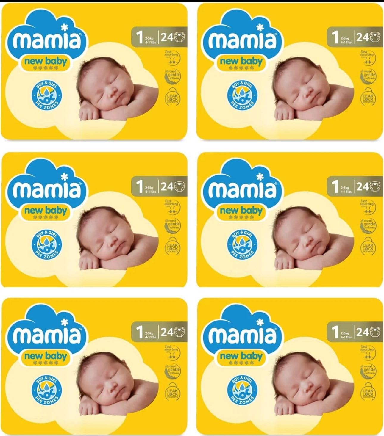 Mamia New Baby Nappies, Size 1, 2-5kg, Fast Absorbing with Leak Lock Pockets, 144 Count, 6 Pack of 24