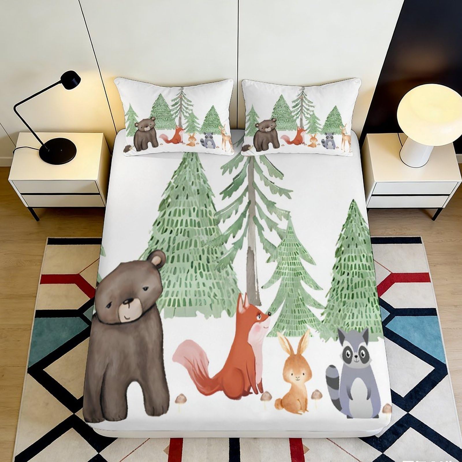 3D Printed Forest Animal Fitted Sheet Microfiber Soft Woodland Bear Fox Rabbit Mattress Cover Bedroom Decor 90x200x25cm