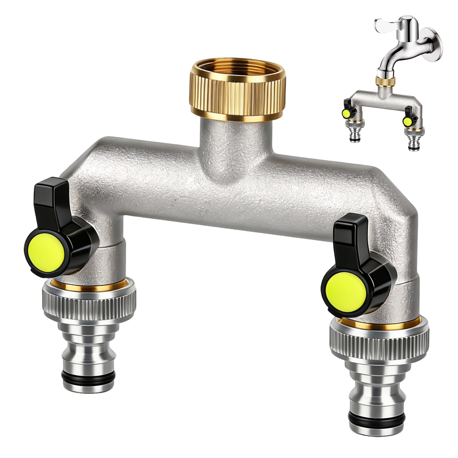 Mineup 2-Wege Wasserhahn Wasserverteiler, 3/4 Zoll Wasseranschluss Gartenschlauch Verteile, Messing Wasseranschluss Verteiler, Garten Wasserhahnverteiler mit 2 leckagefreien Kugelhähnen