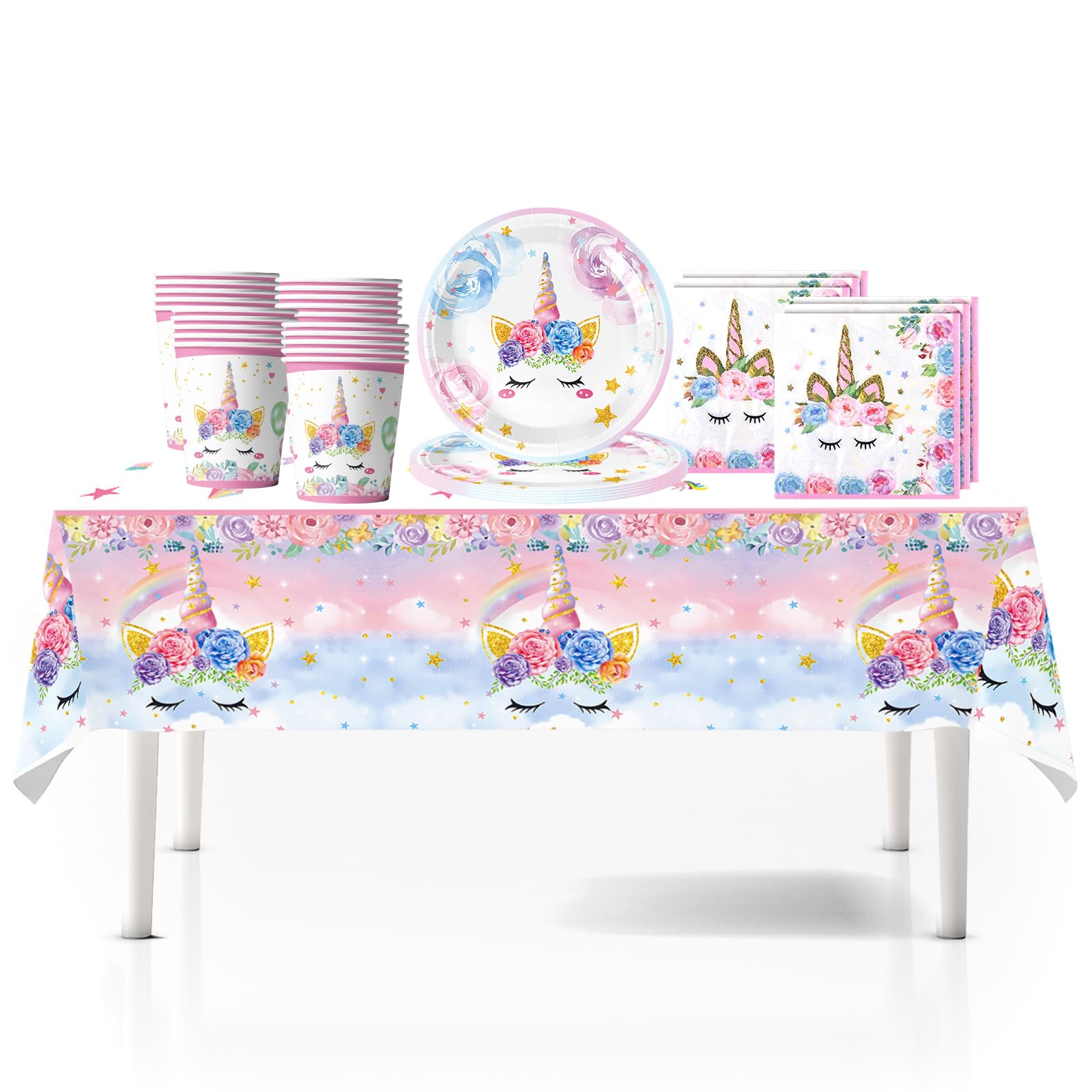 41Pcs Unicorn Birthday Decorations Set - Kids Party Tableware With Table Cloth, Paper Plates, Napkins, Cups for Table Decor