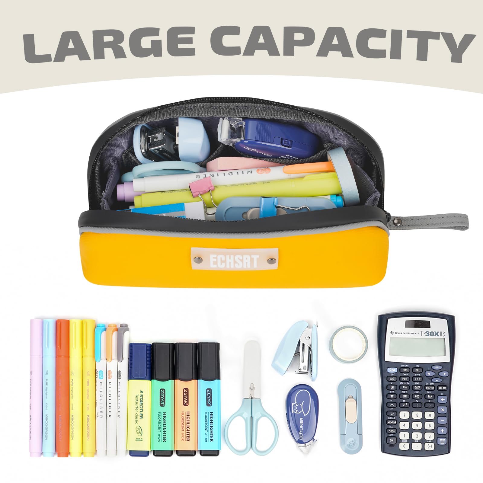 ECHSRT Pencil Case, Open Flat Pencil Pouch for Men Women, Small Pen Holder Bag for Adults, Portable Zipper Organizer Box for Office Stationery Home Travel, Yellow
