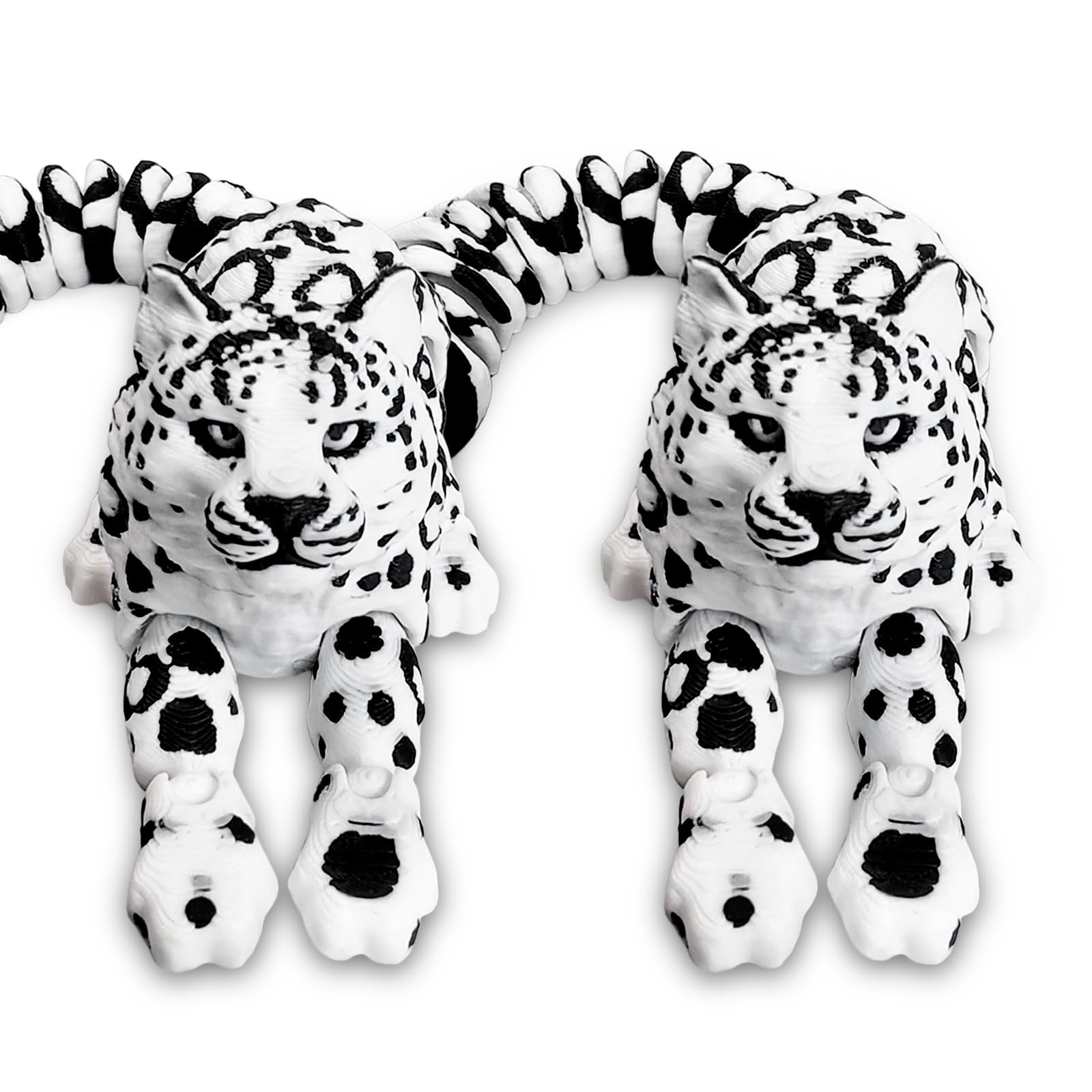 TUTHKOTH 2 Pack 3D Printed Snow Leopard - Black & White Spotted Design, Fully Articulated Joints, 3D Printed Animals for Fun Animal Decor, 6.5 Inches Long
