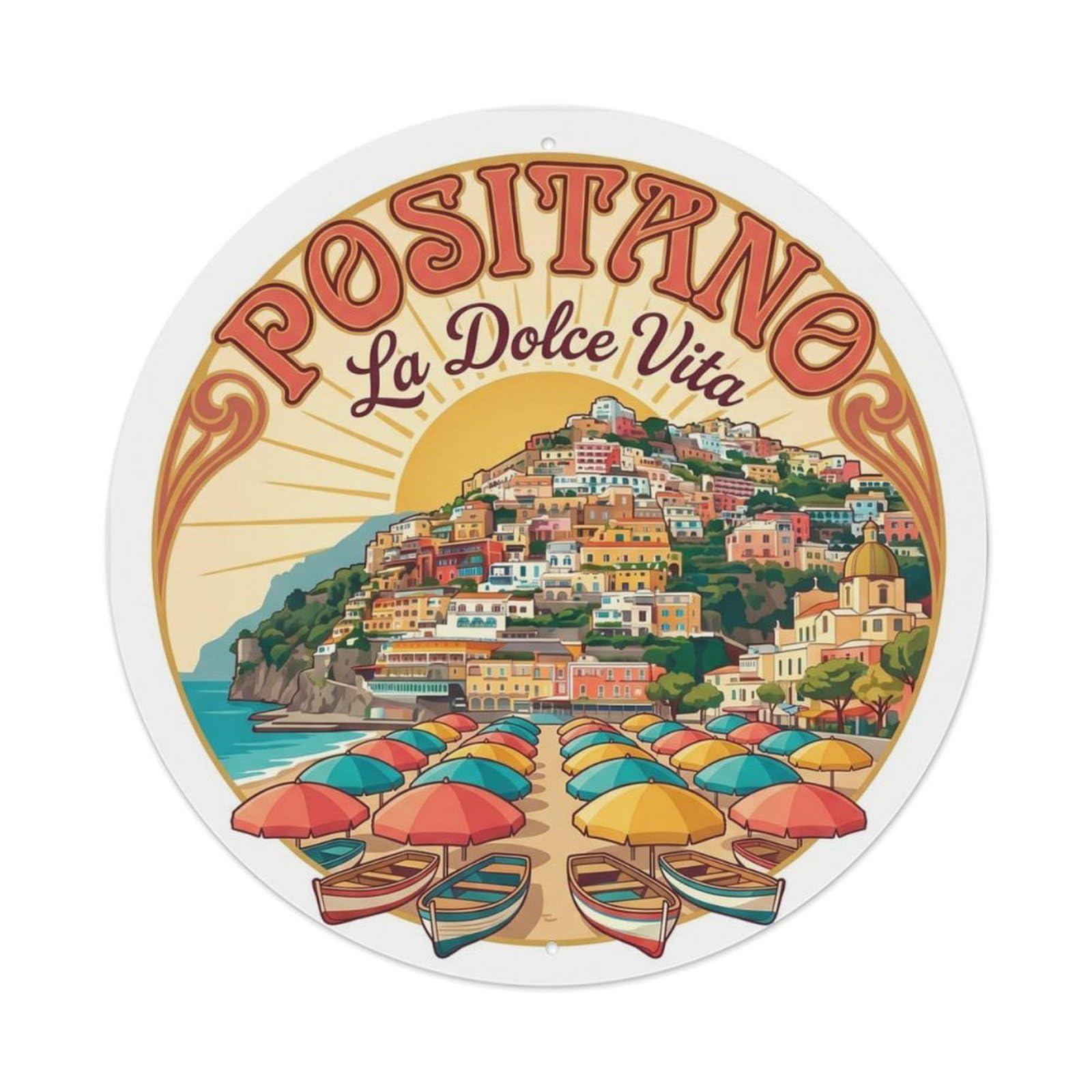 Vintage Travel Italian Coastal Resort Metal Tin Sign Plaque Wall Decor for Cafe, Club Bar, Office, Home Garden Round Metal Poster 8x8Inch