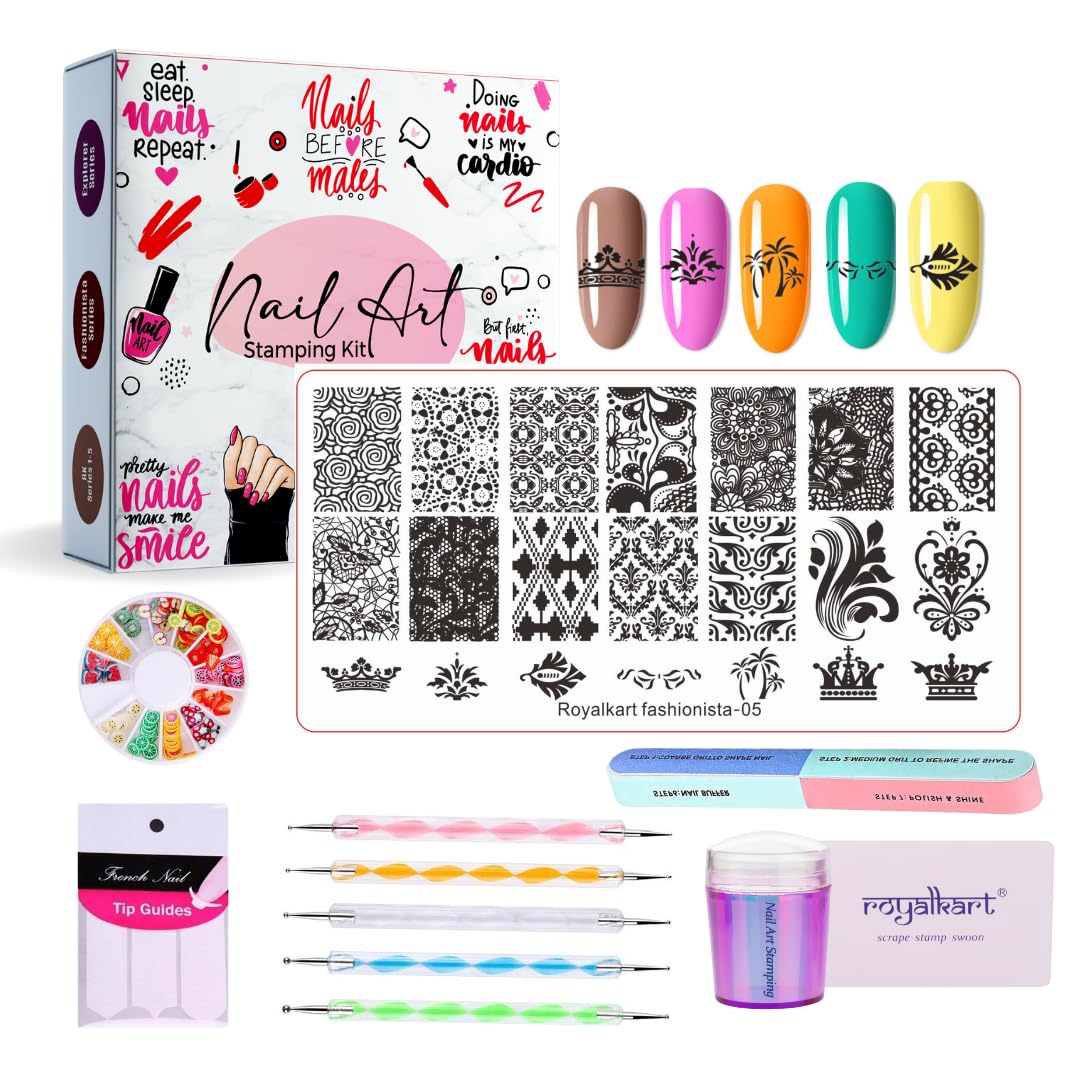 Royalkart Nail Art Kit For Women Professional|5 Dotting Pen|Stamping Plate,Silicone Nail Stamper,Scraper,Nail Art Buffer,Fimo Clay Wheel,Finger Tip Guide|Nail Art…