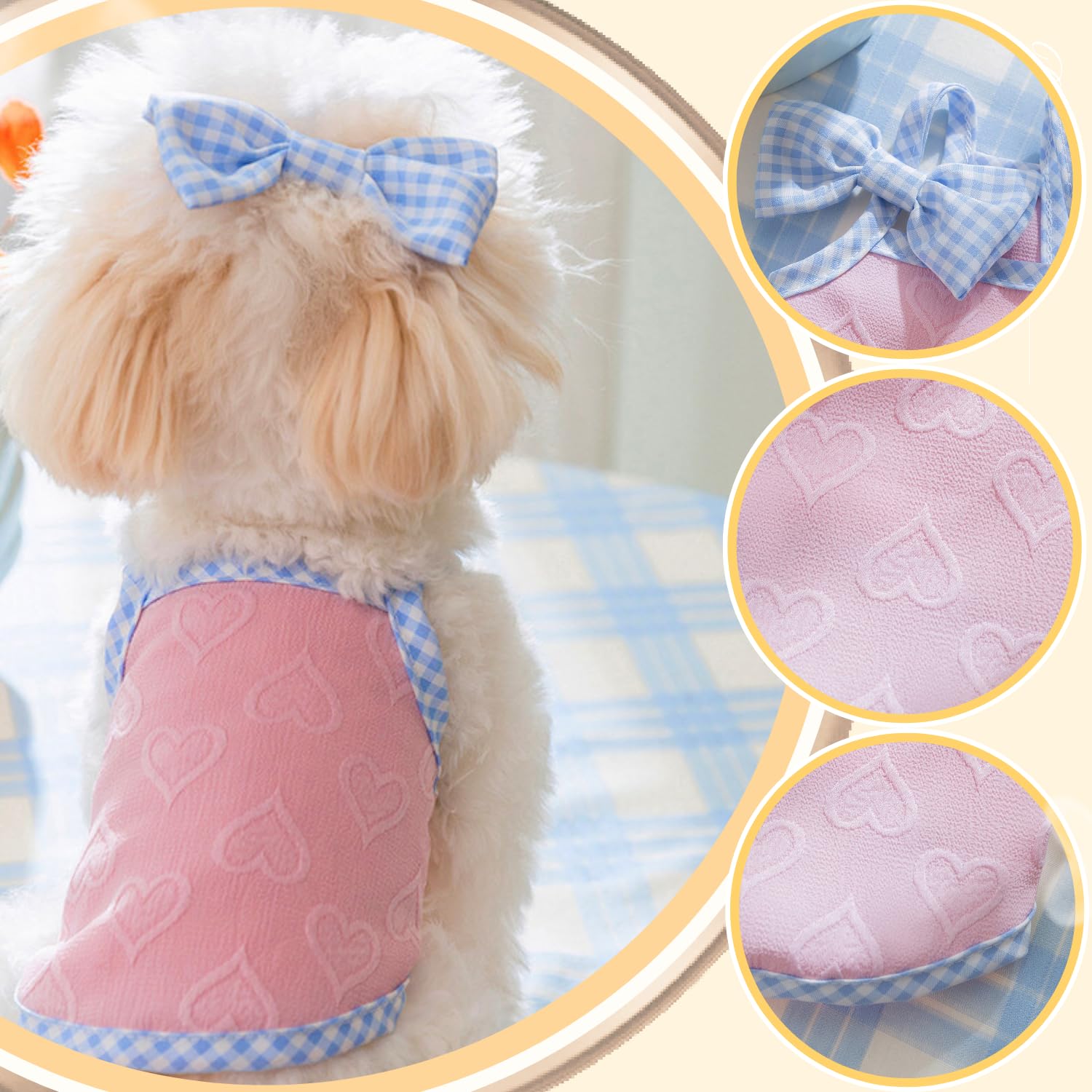 POPONA Dog Dress with Bow Hair Clip, Heart Print Puppy Dress for Small Dogs Cats, Cute Summer Pet Clothes for Birthday Party Wedding, Blue Pink Yellow Dog Outfit(Pink,L)