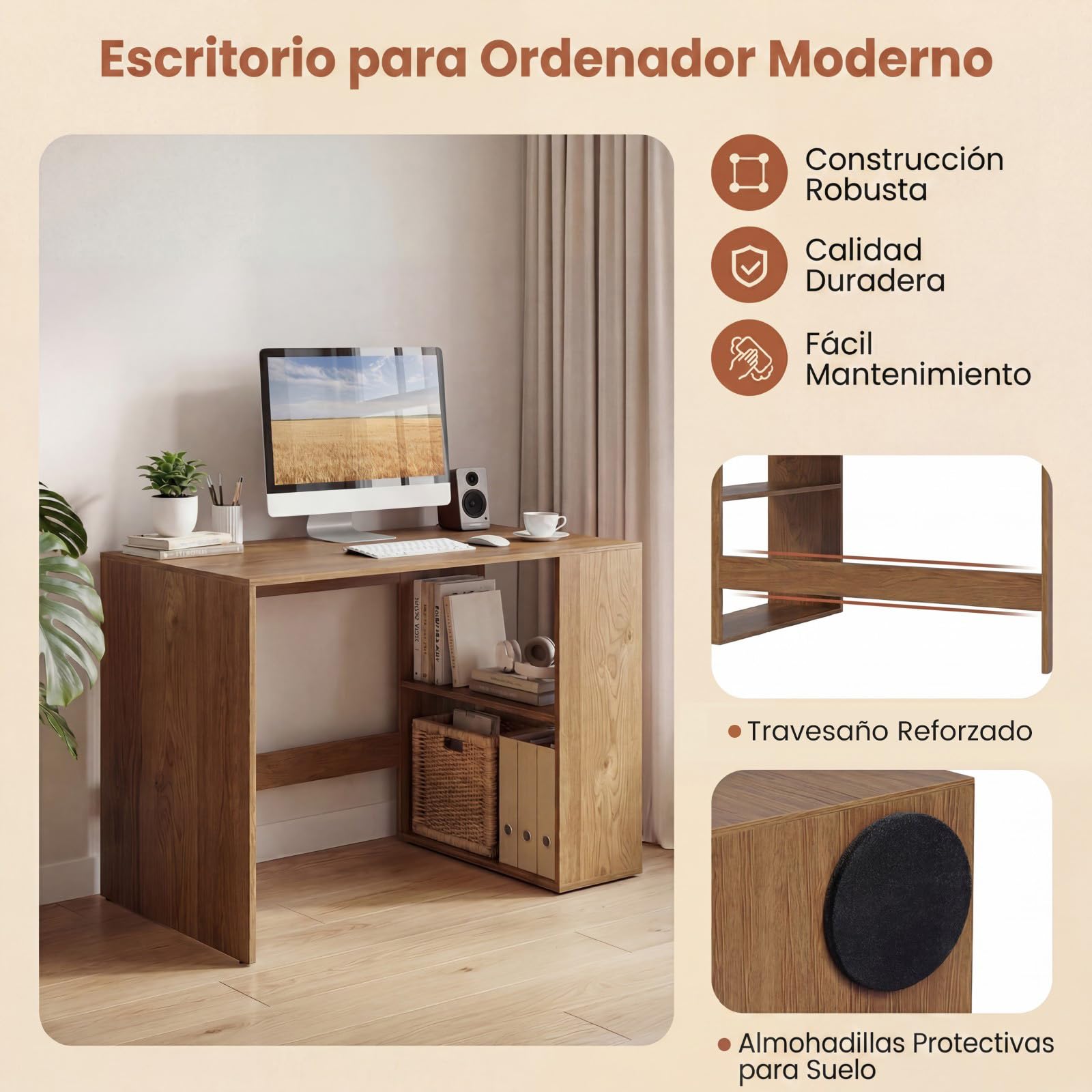 COSTWAY Escritorio con 2 Estantes Abiertos，112 x 60 cm, Mesa Escritorio Pequeño de Madera, Escritorio Ordenador Oficina despacho Dormitorio (Natural)