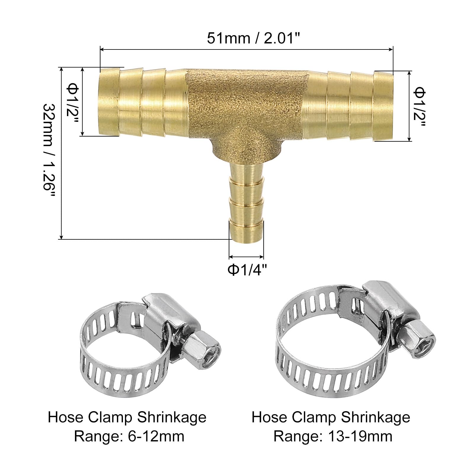 QUARKZMAN 10pz Raccordi Tubo in Ottone 1/2"x1/4"x1/2" con 30pz Morsetti | Riduttore Tubo Raccordo Ottone a T con 30pz Morsetti Tubi per Acqua Carburante Aria