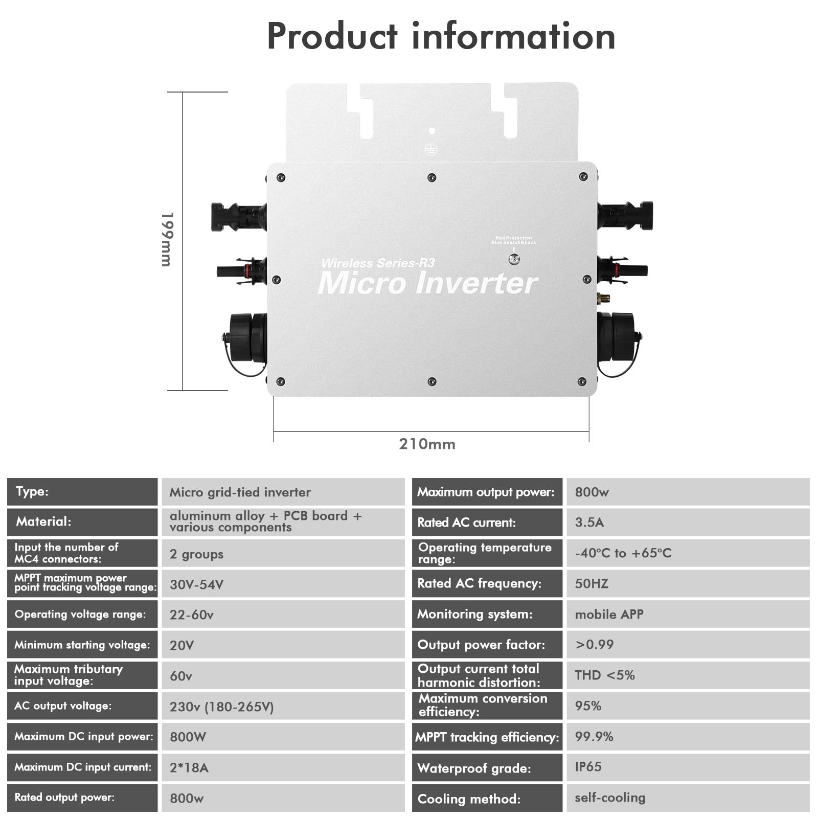 DEWIN Micro Onduleur Solaire 800W,230V Gird Tie Inverter MPPT Micro-onduleur Wifi avec Protection Contre les Courts-circuits et les Surcharges,Certifié CE/VDE/EMC/ROHS,Description en Français PDF