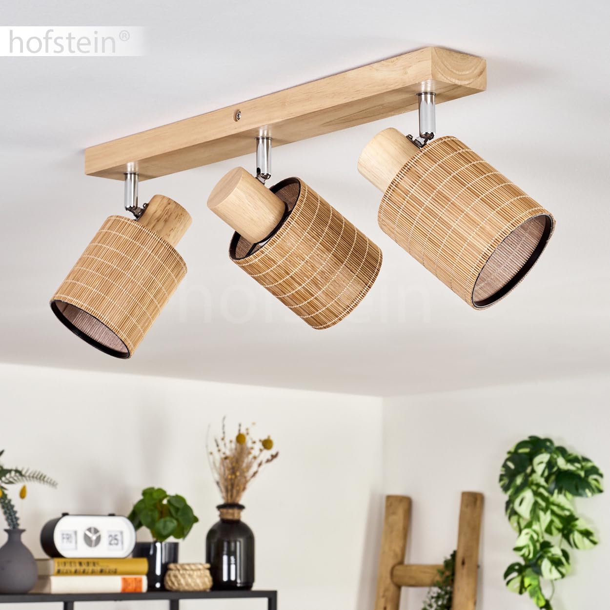Lampada da soffitto Kinnared, lampada moderna in legno/metallo/bambù nei colori naturali/cromati/marrone, a 3 luci design scandinavo con faretti regolabili, x E14, senza lampadine