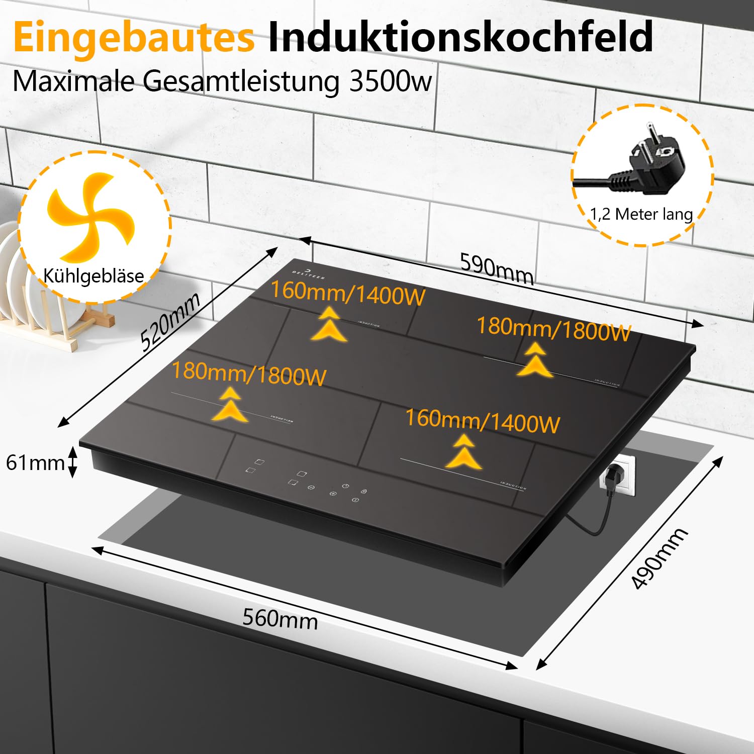 Induktionskochfeld 4 Platten 3500W 220-240V Autarkes Kochfeld Einbau 60cm Sicherheitssperre Timer 16A Steckerdose