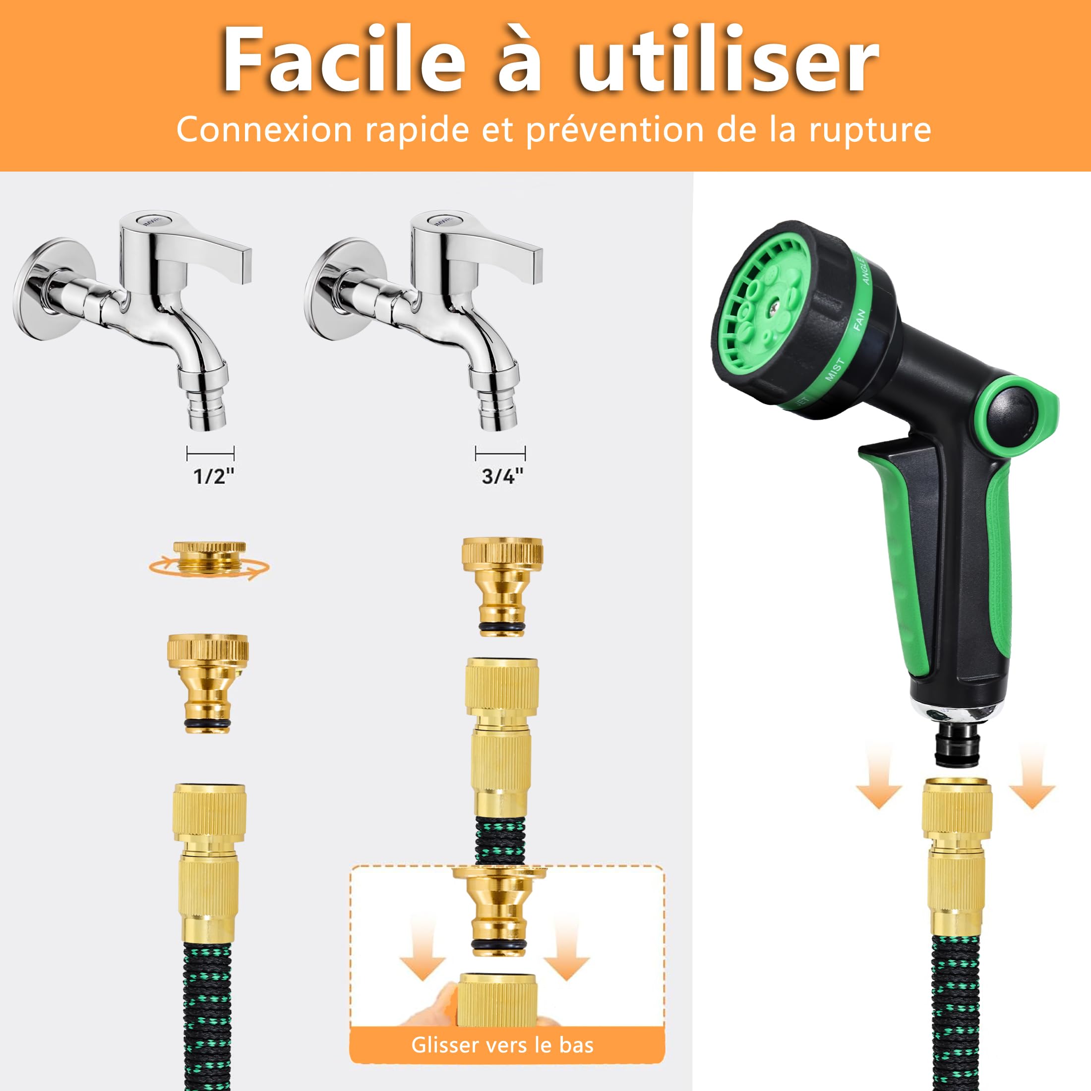Manguera Flexible Jardín 37,5 m, Extensible x3, Pistola 10 Modos | De 12,5 a 37,5 m; TPE 2500D reforzado, pistola de 24 cm con 10 modos y conectores metálicos de 1/2" y 3/4" para jardín.