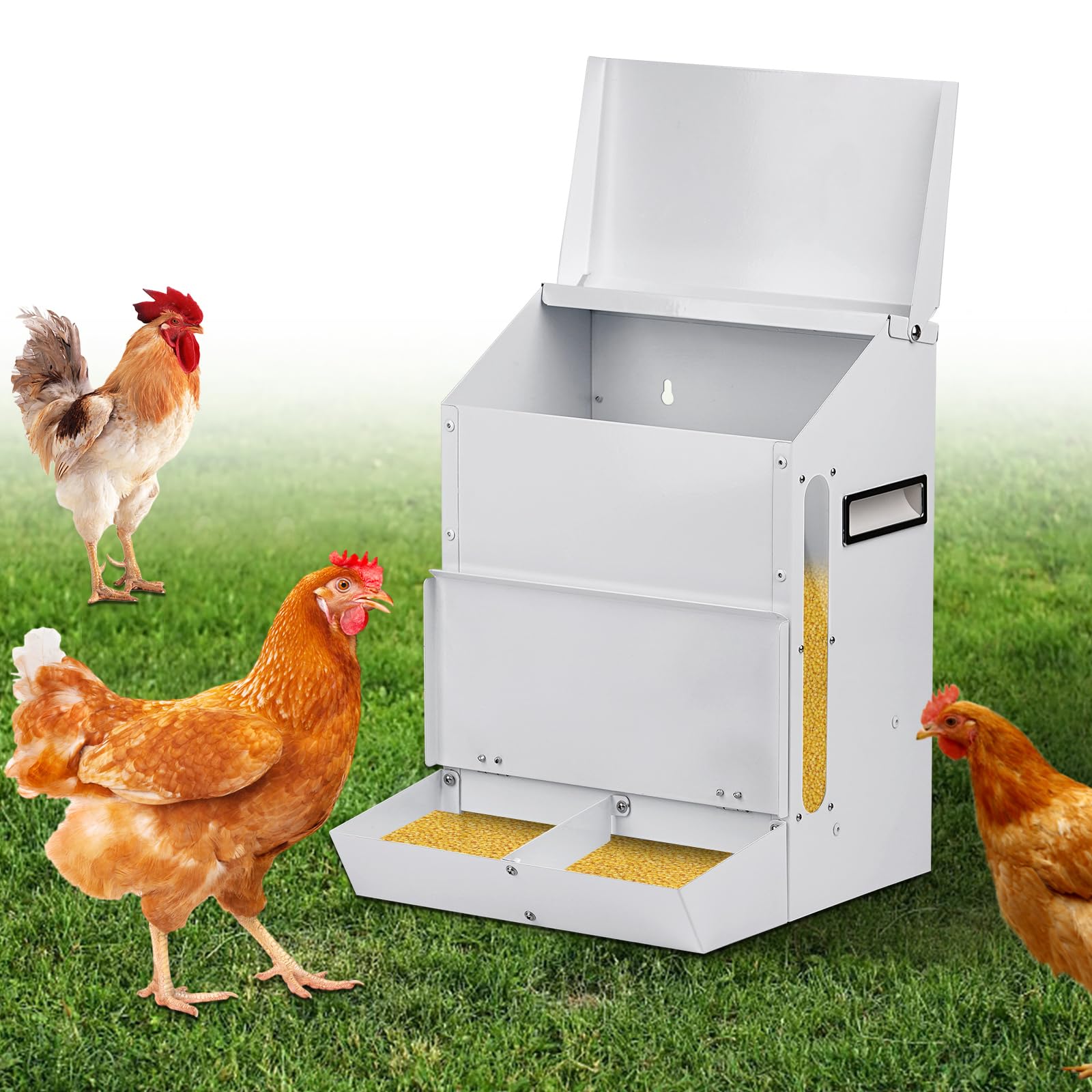 25LBS Automatic Chicken Feeder Rat Proof Chicken Feeder Trough with Lid Outdoor Galvanized Metal Poultry Feeder No Waste Hanging Chicken Feeder Dispenser for Quails, Bantams, Ducks and Turkey