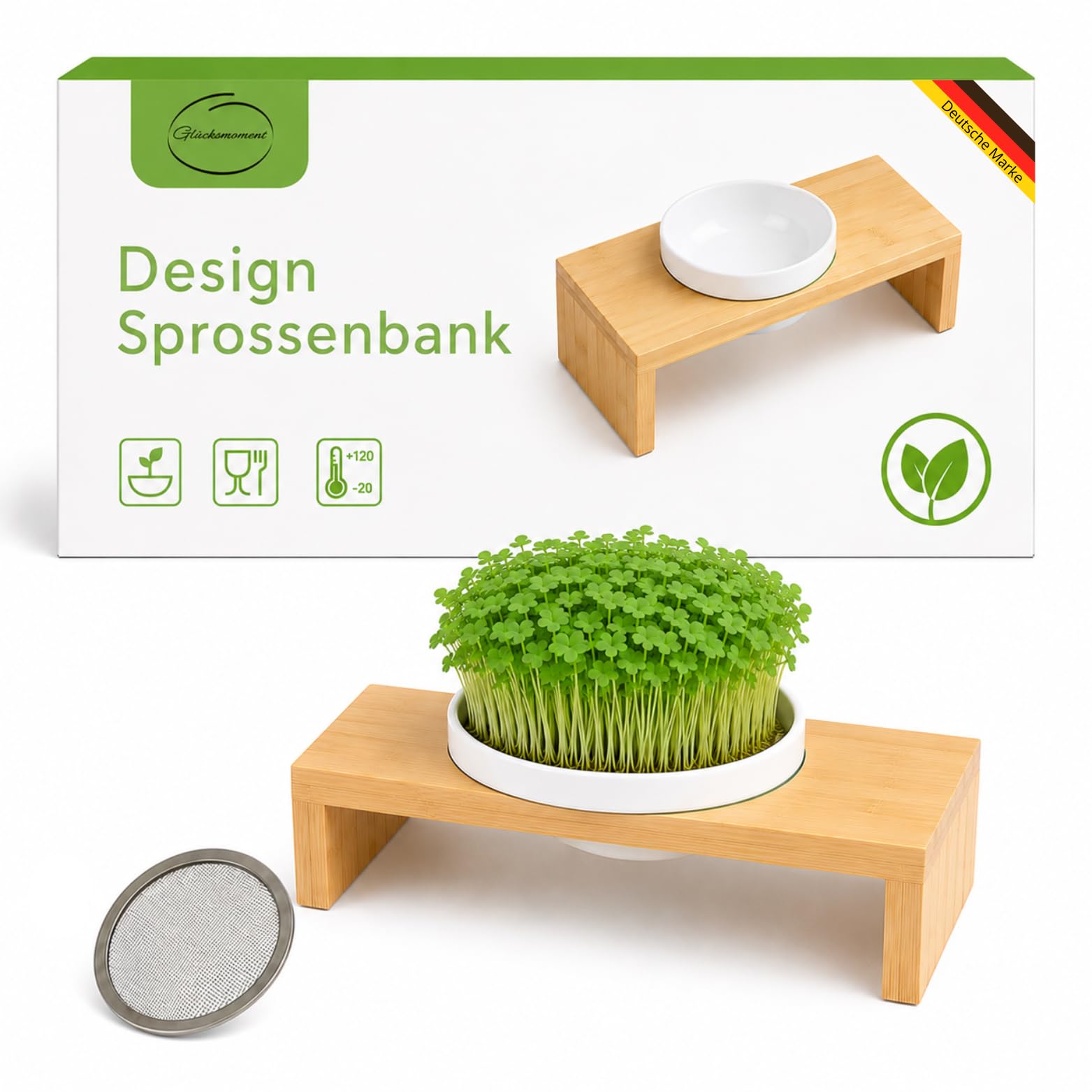 Glücksmoment Kressebank 23cm mit Keramik Kresse Anzuchtschale für Kressesamen, Sprossen & Microgreens, Sprossen Anzuchtset, Anzuchtregal, Anzuchttopf, Keimschale mit Kressesieb