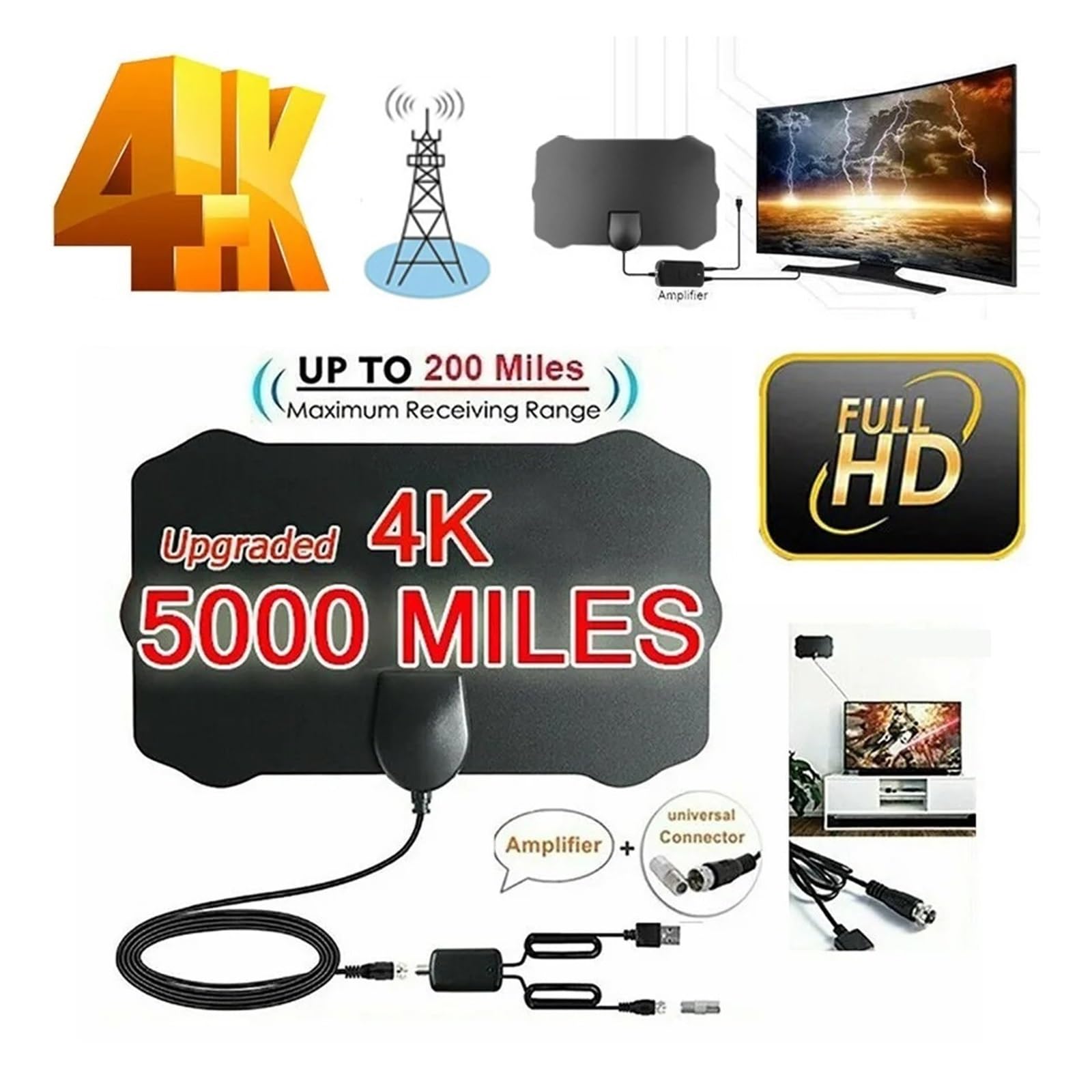 Antenna Digitale Con Segnale TV Da 200 Miglia, Cavo HD 1080P 4K, HDTV For Interni Amplificatore Di Copertura più ampia(Combo Package)