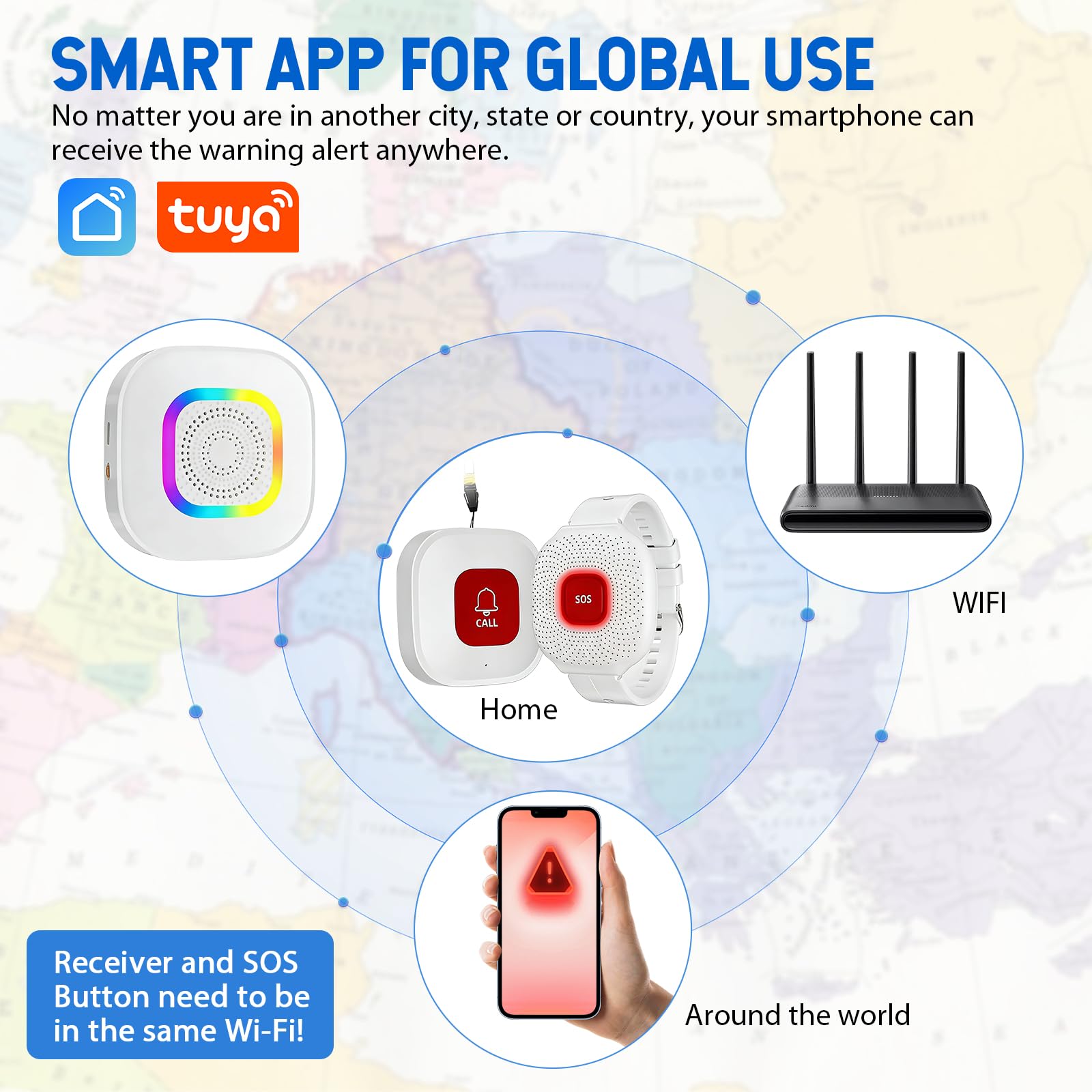 Pulsante di emergenza per anziani, SOS Allarme chiamata di emergenza | WiFi Tuya Smart Senior, pulsante di emergenza per pazienti anziani disabili/bambini (1 ricevitore + 2 pulsanti + 1 bracciale)