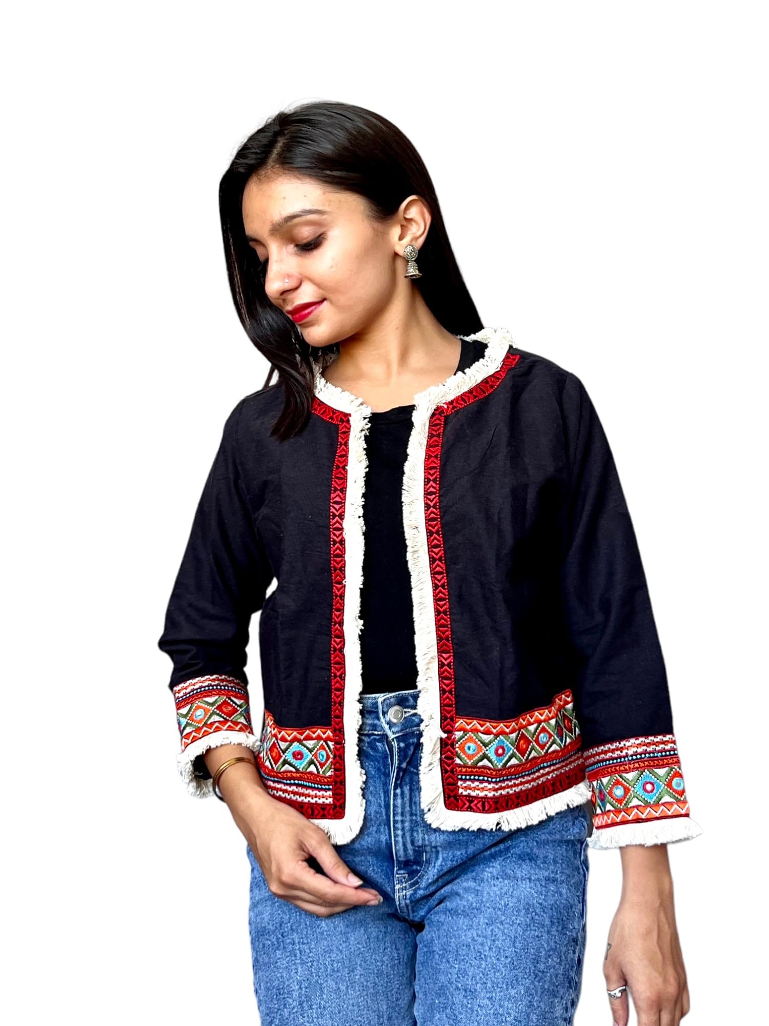 Women's Black Ethnic Jacket with Multicolour Embroidered Border, Fringe Trim, Boho Style-picture-24