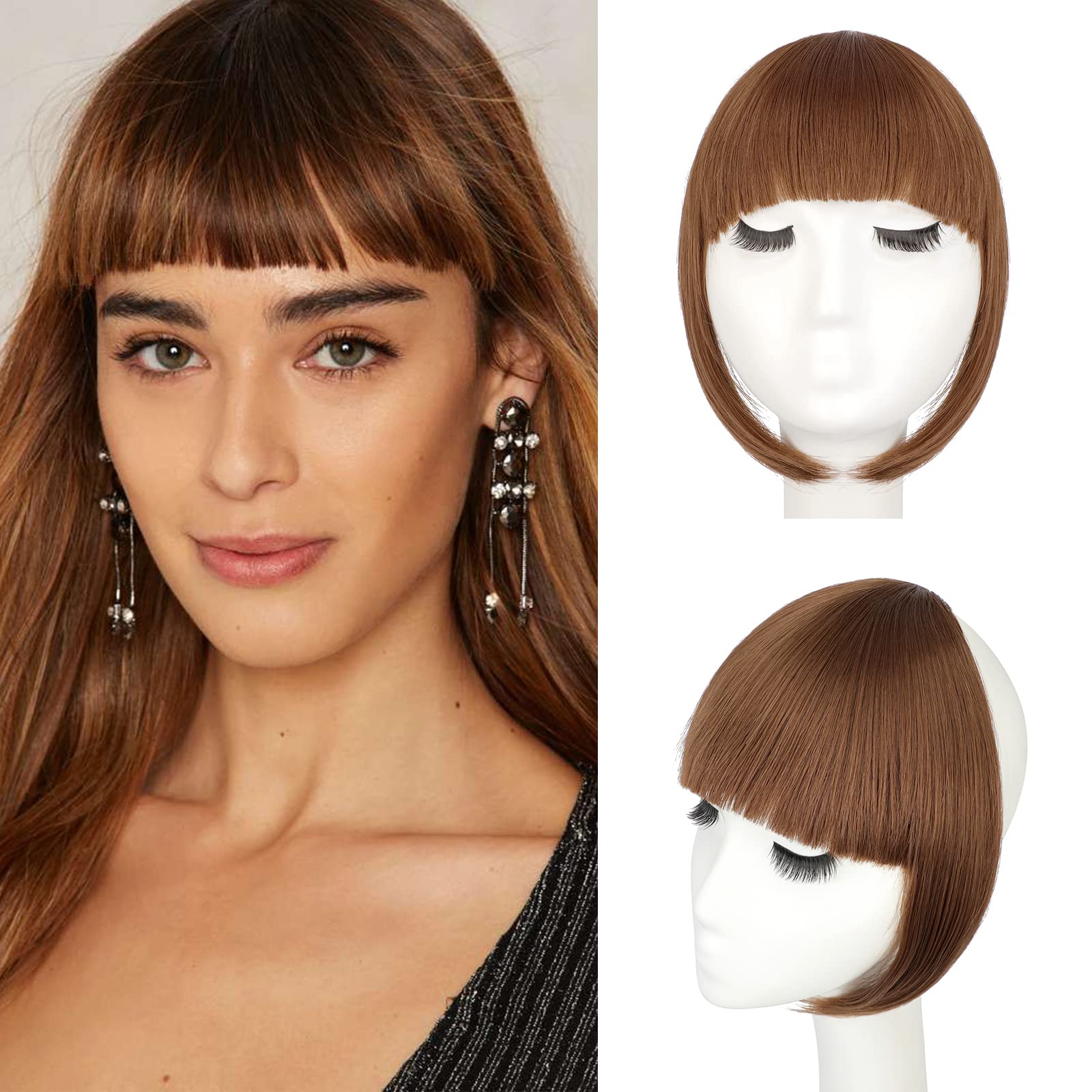 FeidyLong Bangs Hair Clip Extensions French Bangs Natural Thick Curved Fringe with Long Temples Clip-in Straight Hairpiece for Women(French bangs,light brown)