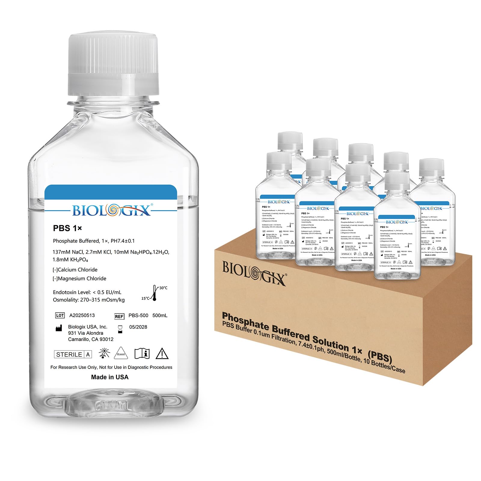 Phosphate Buffered Saline 1X, 500ml PBS Buffer 0.1um Filtration, 7.4pH, Sterilize, Reay to Use Buffer for Laboratory,500ml/Bottle, 10 Bottle/Case