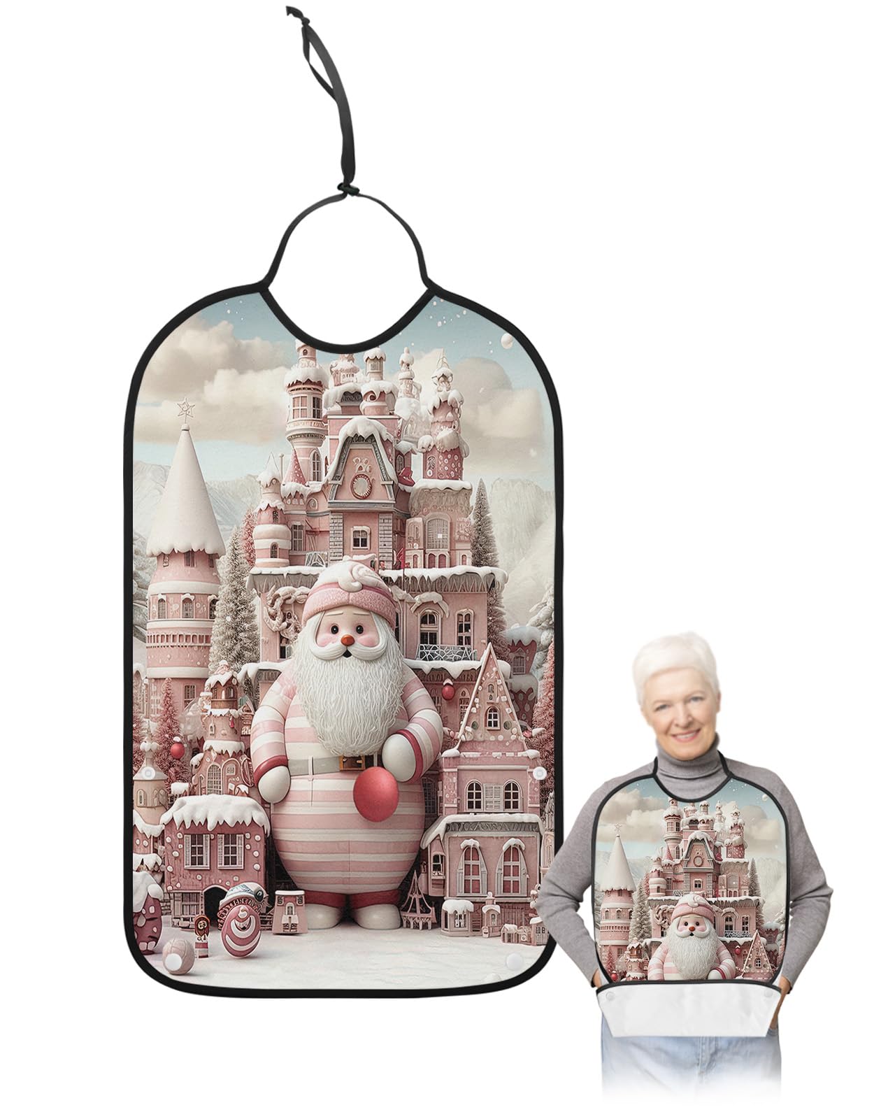 Blush Pink Santa Adult Bib for Eating with Crumb Catcher, Christmas Winter House Home Washable & Waterproof Terry Cloth Adjustable Elderly Women Men Adult Bibs Funny Apron Reusable Clothing Protector