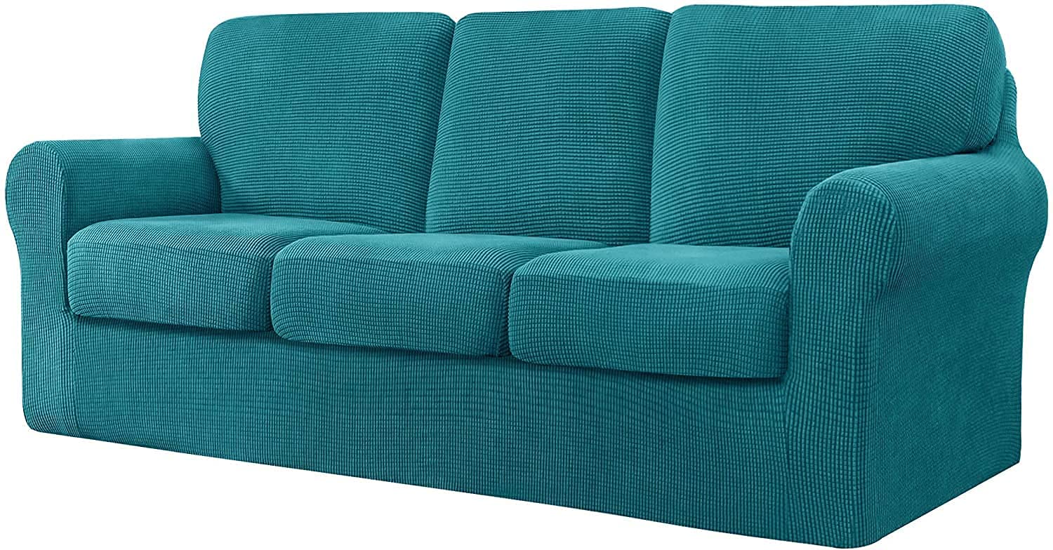 WJHDWYD 7 Pieces Stretch Sofa Cover, Sofa Cover with Three Separate Backs and Cushions with Elastic Band, Checked Spandex Jacquard Fabric(Deep Teal,3 posti (185-235 cm))