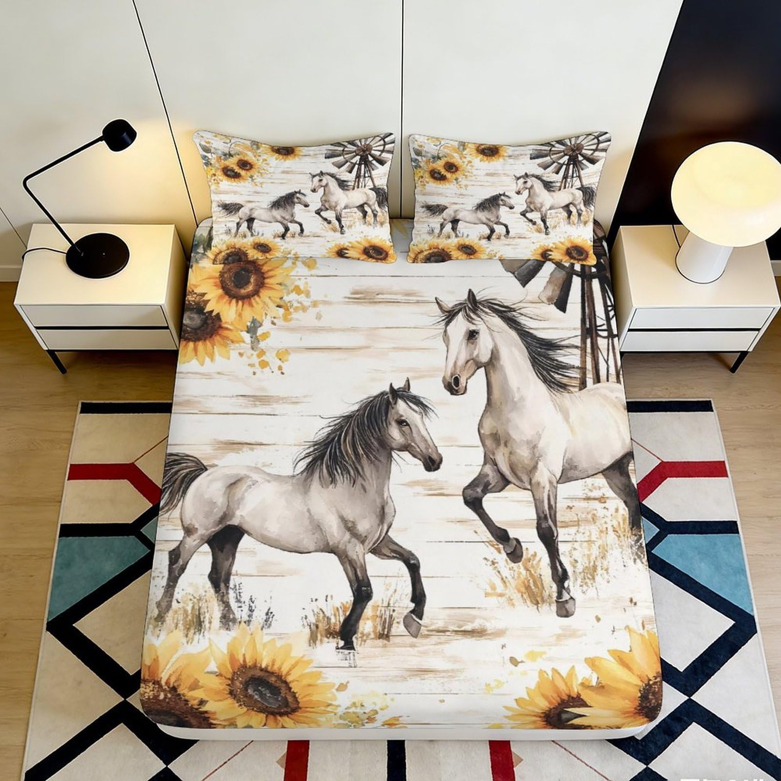 3D Printed Horse Sunflower Fitted Sheet Microfiber Soft Bed Cover for Bedroom Guest Room Mattress Protection 120x200x25cm