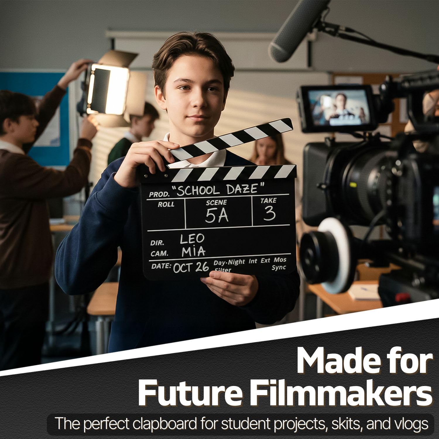 Flexzion Ardoise en plastique acrylique effaçable à sec pour appareil photo hollywoodien, studio, cinéma à domicile, vidéo 25,4 x 30,5 cm avec bâtons noir/blanc