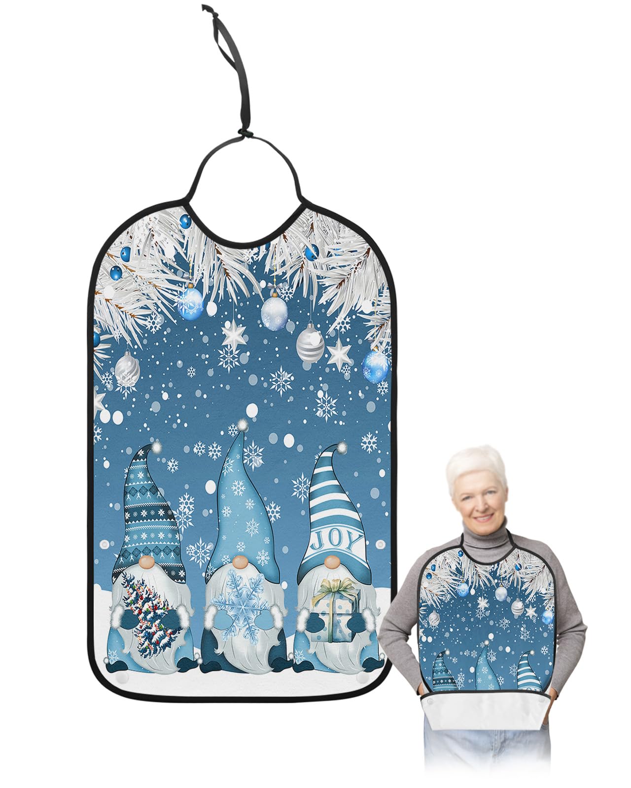 LEOKOTI Blue Gnomes Christmas Adult Bibs for Eating, Waterproof Bibs with Food Catcher & Adjustable Snap Closure, Xmas Tree Balls Snowflake Winter Washable Clothing Protectors Adult Bibs for Elderly