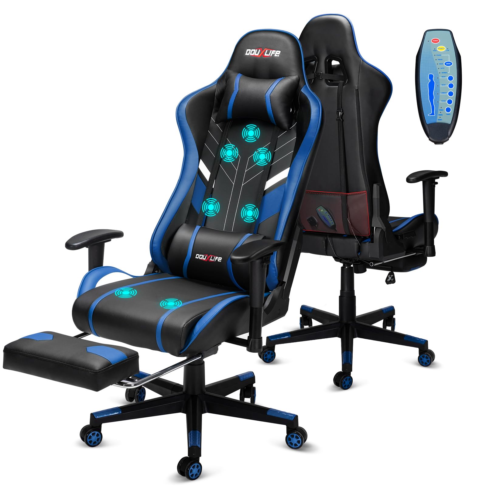 Douxlife Silla Gaming con Masaje de 7 Puntos, Silla de Oficina Ergonómica, Respaldo Ajustable 90-175°, Pasamanos 2D Ajustables, Capacidad de Carga 150-180 Kg, Negro Azul