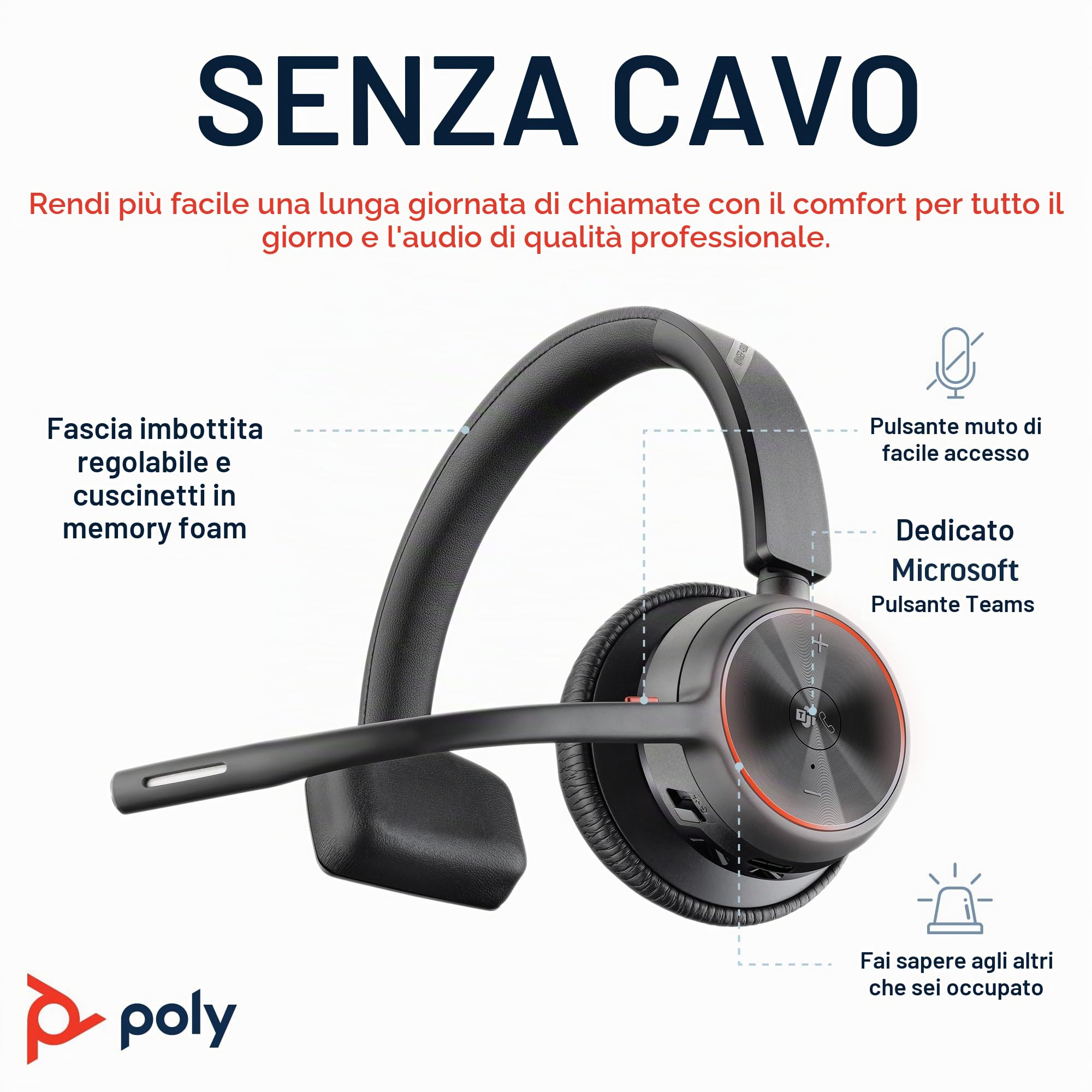 Poly Voyager 4310 UC, Cuffia Monoaurale Senza Filo, Connessione Bluetooth e USB-C BT700, Cancellazione Rumore, Cuscinetto in Similpelle, Autonomia 24 Ore, Compatibile con Windows 10 e macOS, Nero