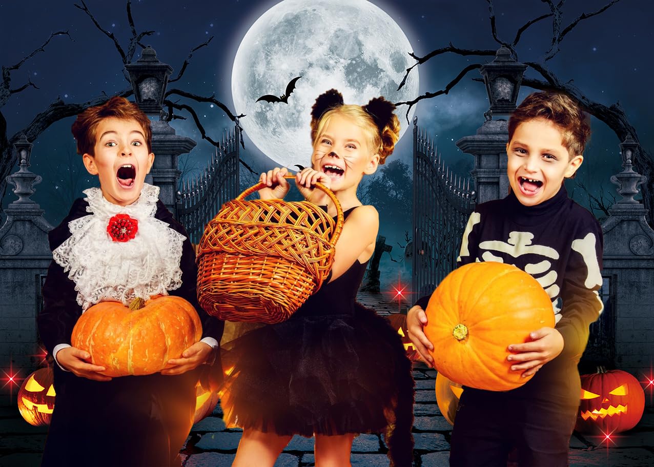 Halloween Cemetery Backdrop 15x8ft - Haunted House Photography Background With Full Moon