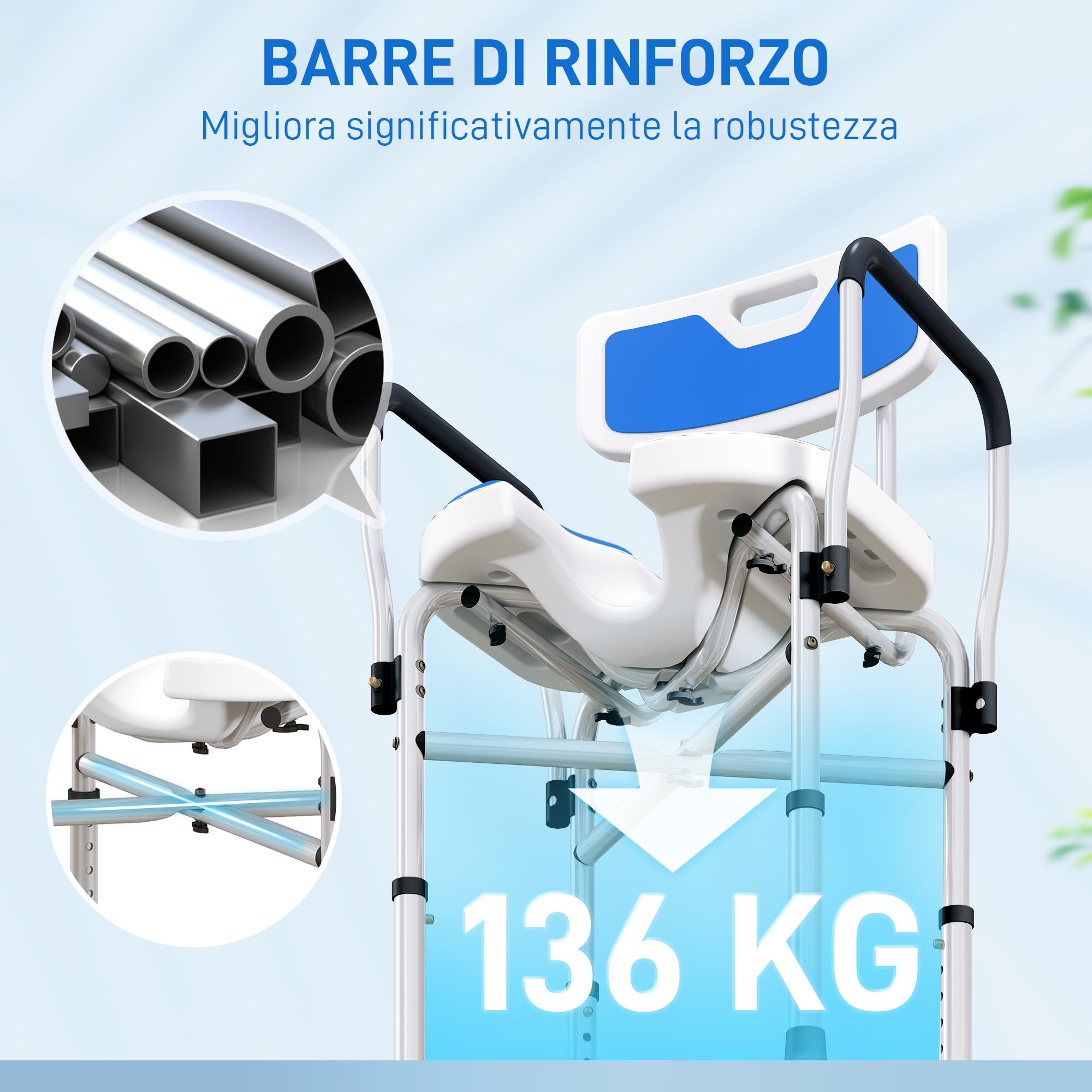 HOMCOM Sedia Doccia con Schienale, Braccioli, Seduta Scanalata e Barre di Rinforzo, Sgabello Doccia con Altezza Regolabile, Fori per Acqua e Piedini Antiscivolo per Anziani e Disabili, Blu
