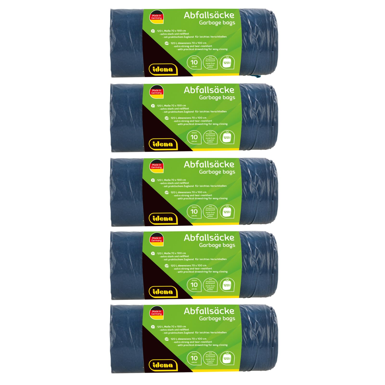 Idena 50056-5 Rubbish Bags Set, 5 Rolls of 10 Pieces, Blue, 120 Litres, 40µ Extra Strong and Tear-Resistant, with Practical Drawstring, Drawstring Bags