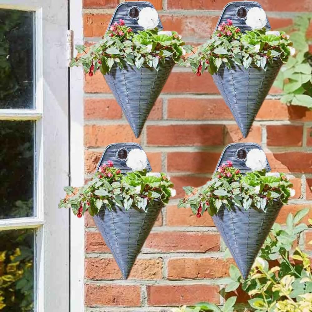 Garden Mile 4 Pack Slate Rattan Hanging Basket Outdoor - 14" Durable Weatherproof Planter Grey Flower Basket - Wall Mounted Plant Pot for Garden Decorations, Outdoor Wall Decor, Patio Hanging Planters