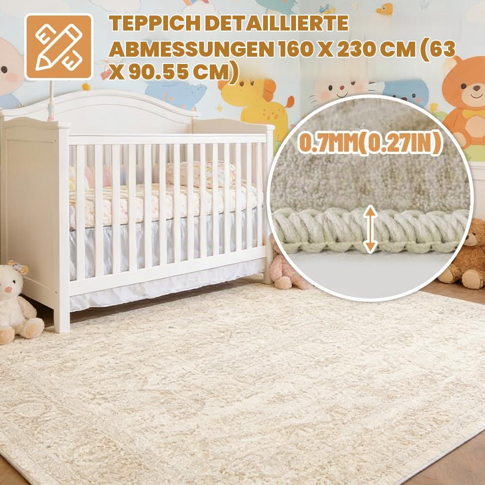 Waschbarer Teppich 160x230 cm, Ultraweicher Kurzflorigeppich mit Rutschhemmender Unterseite, Großer Teppich fürs Wohnzimmer, Schlafzimmer, Esszimmer oder Büro, Moderner Vintage-Look, Beige