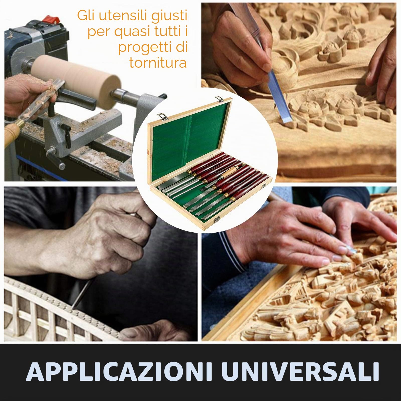 VEVOR Utensili di Tornitura per Legno 8 pezzi Set di Scalpelli per Legno con Lama in Acciaio ad Alta velocità HSS con Custodia, Impugnatura Comoda, per Progetti di Intaglio di Mobili