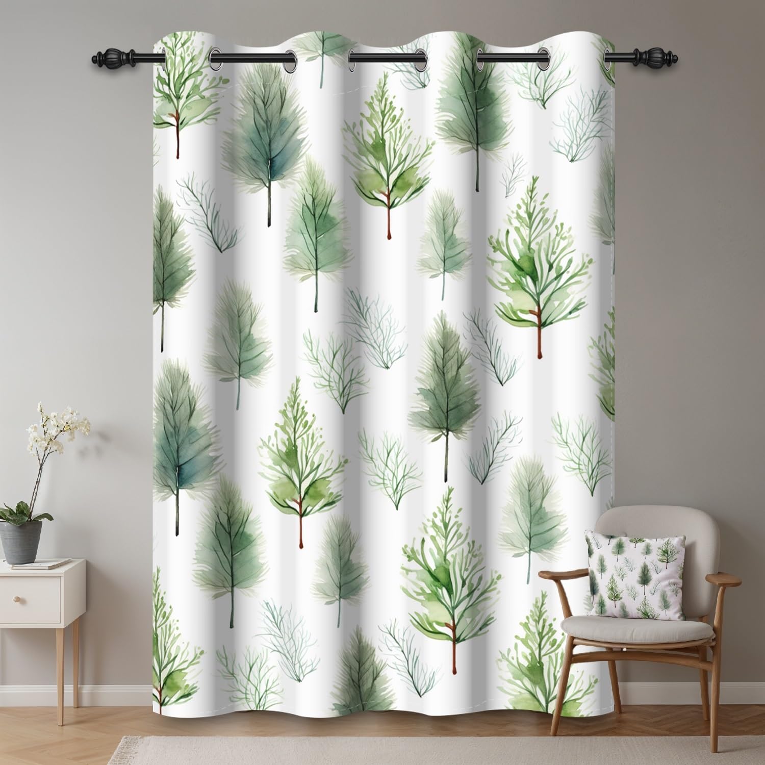 ggaimwf 132x214cm Green Forest Eyelet Curtain Pine Trees Watercolor Painting Spring Thermal Insulated Blackout Grommet Window Drapes for Living Room Bedroom Home Office,1-Single Panel - Image 2