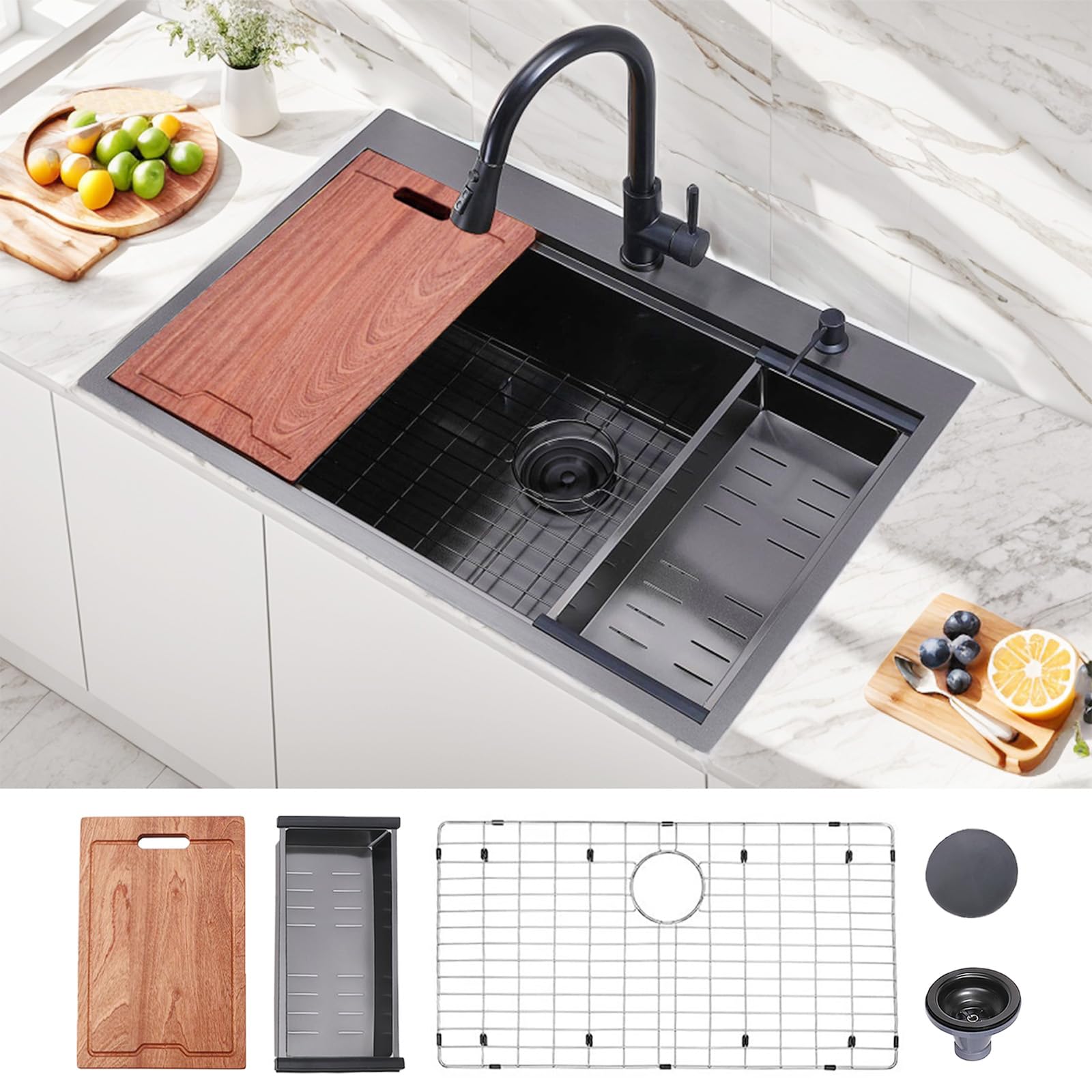 33 Inch Black Drop In Kitchen Sink - VAPSINT 33x22 Inch Top Mount Single Bowl 9 Inch Deep Handmade Workstation Sink in Gunmetal Stainless Steel with Cutting Board & Strainer