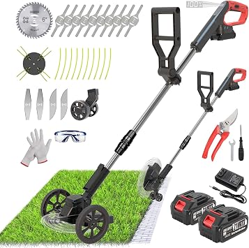 Electric Weed Wacker Cordless Eater Battery Powered, 21v Lightweight Weed Trimmer With 2 4.0Ah Battery Operated & Charger & Wheels & Shears, 3 In1 Grass Trimmer/Brush Cutter/Lawn Edger for Yard Garden