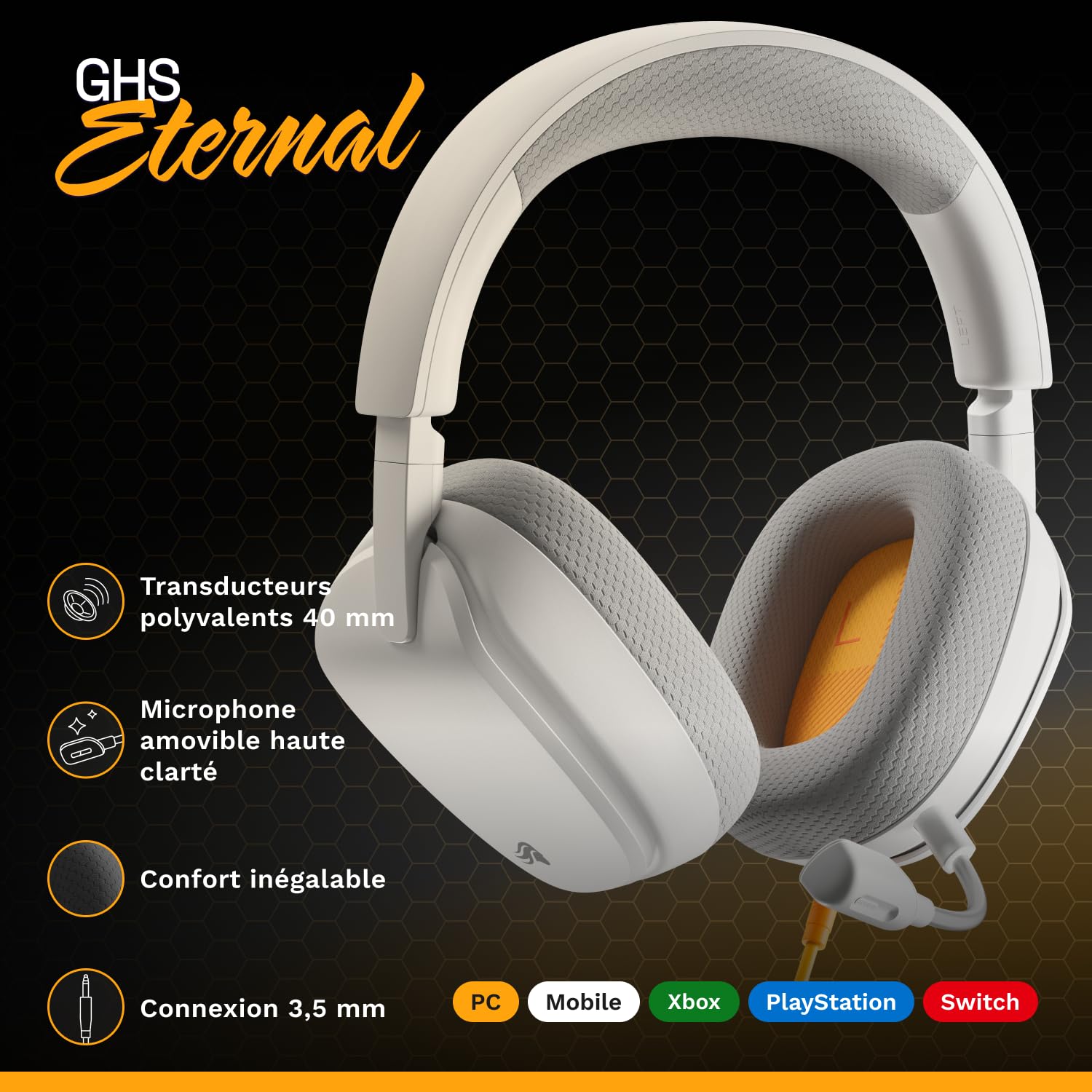 GLORIOUS GHS Eternal - Casque Gaming stéréo pour PC, PS5, PS4, Xbox, Switch. Transducteurs inclinés sur mesures, Micro détachable 3,5 mm Haute-clarté Ajustable. Résistant, Confort Longue durée. Blanc