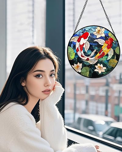 Miniatura 3 de Colgador de vitrales para colgar en ventanas, Koi y Lotus para puerta, decoración del hogar, atrapasoles de peces, Navidad, Día de la Madre, regalos