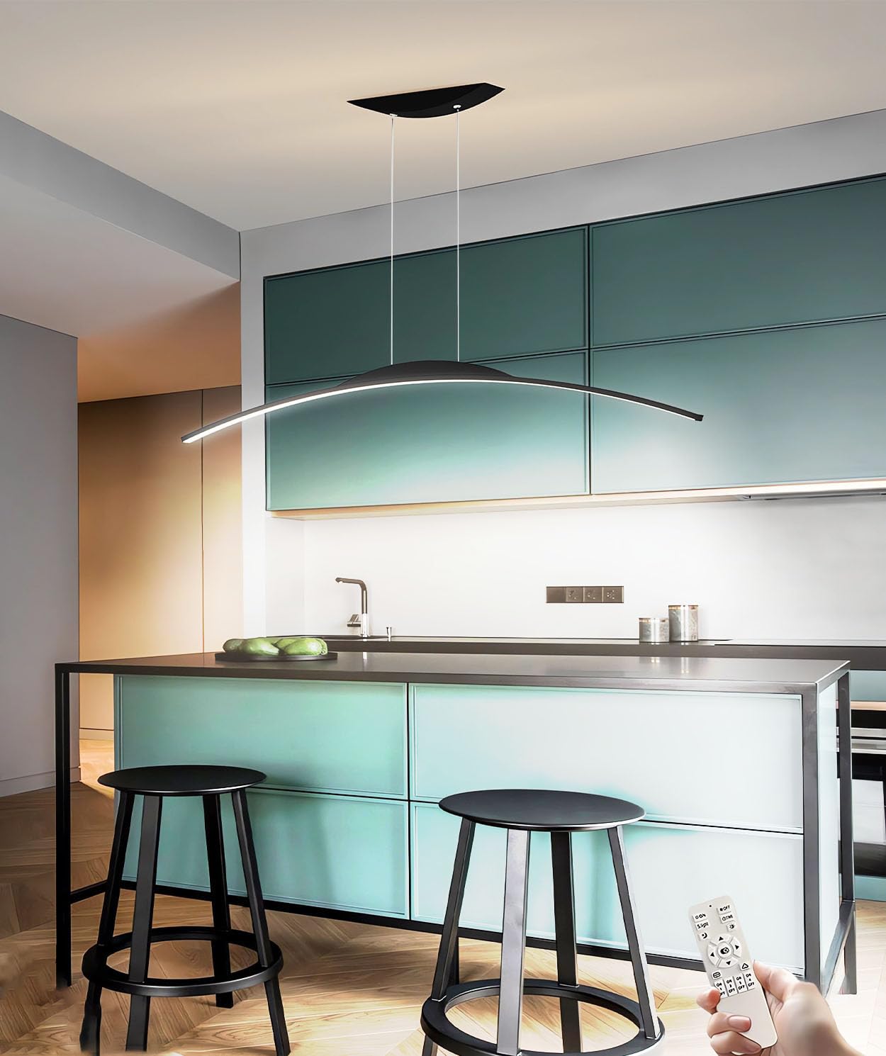 JINGKER LED Pendant Lights Modern Creative Chandelier Dining Table Curved Design Pendant lamp Height Adjustable Chandelier forBar Counter Study Dining Room (Black, L150CM)