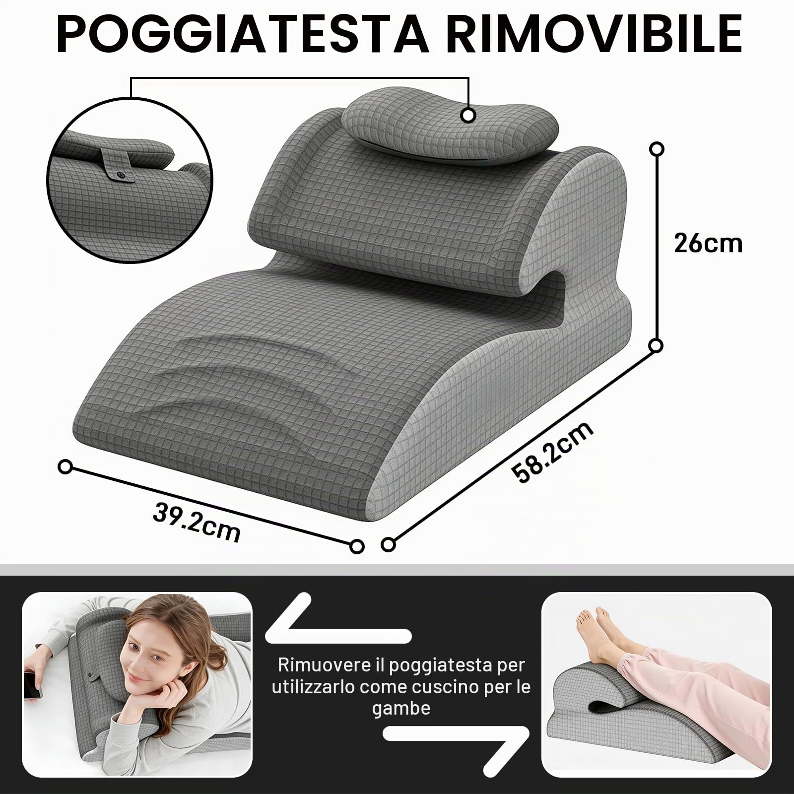 JAOGAUS Cuscino a cuneo Memory Foam, Supporto schiena ergonomico letto | Cuscino inclinato ergonomico per letto e divano con supporto testa rimovibile, ideale per schiena, collo, gambe e lettura