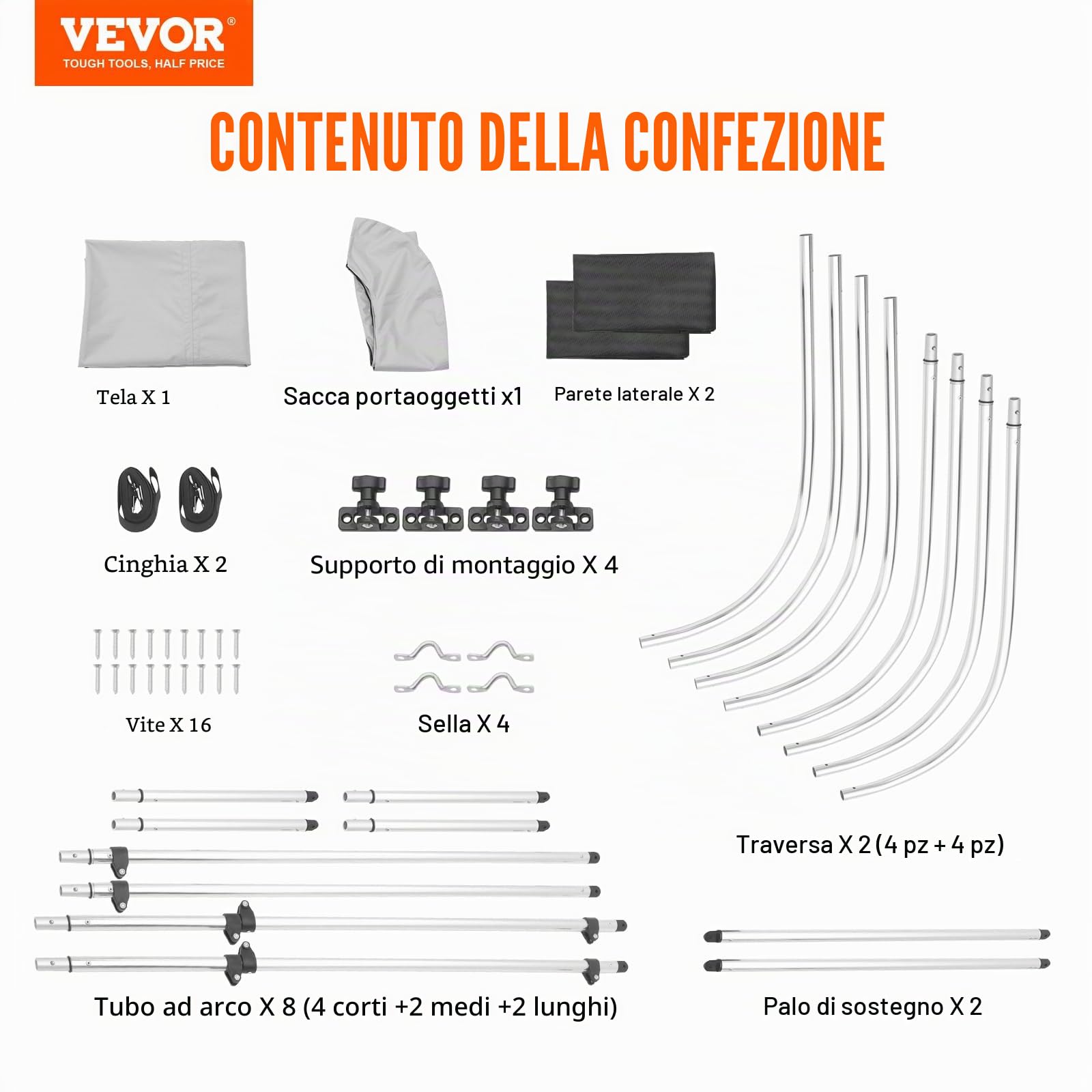 VEVOR Copertura per barca bimini top a 4 prua, tettoia in poliestere 600D da 1", include bagagliaio, 2 pali di supporto, 2 cinghie, 8'L x 54"H x 85"-90"W, grigio chiaro