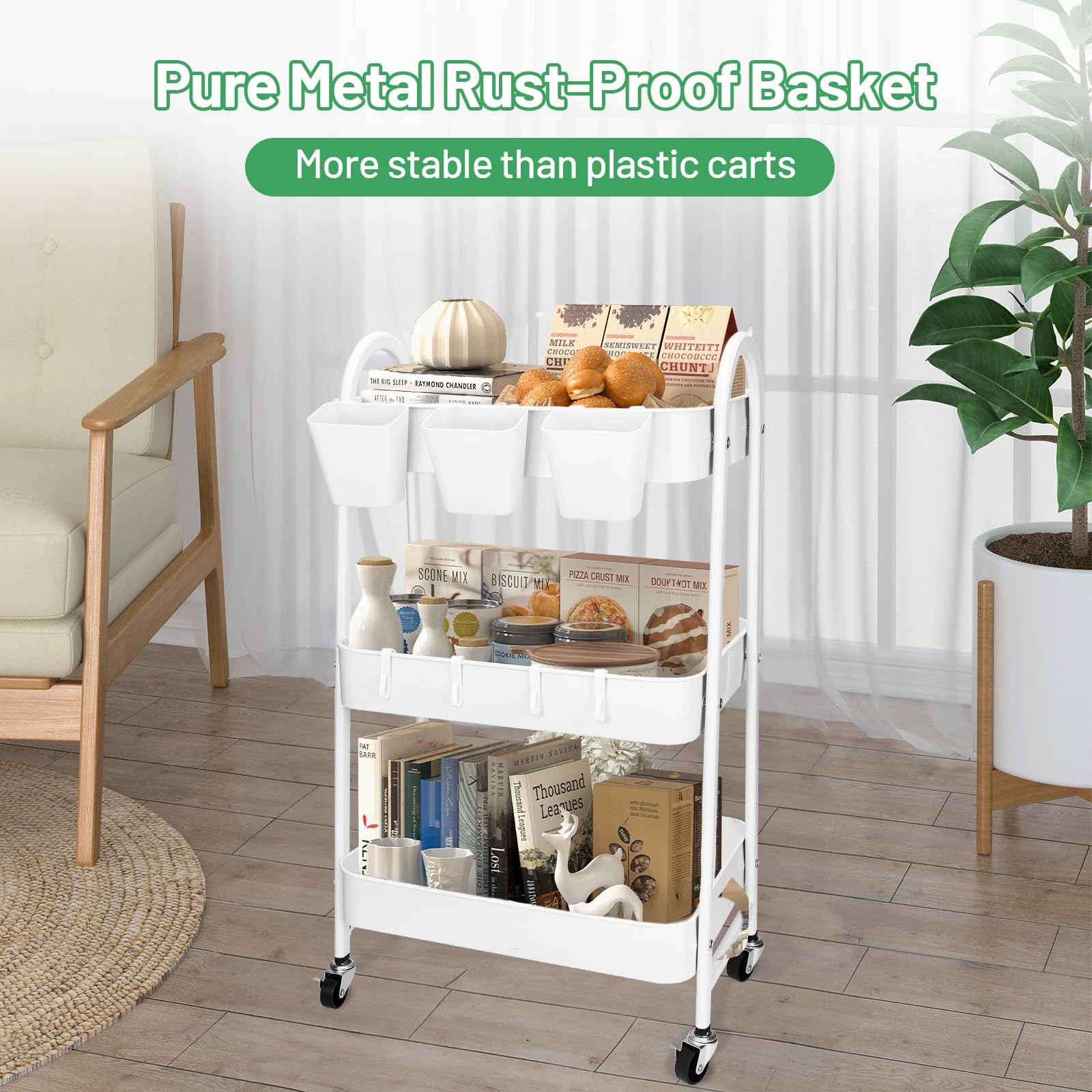 JOYBOY Carrito Auxiliar con Ruedas,Carrito de Cocina,Carro Rodante con Ruedas Bloqueables,Ganchos para Colgar Tazas,Marco de Acero,Carro Servicio 3 Niveles,con Lindas Pegatinas,Blanco — view 6